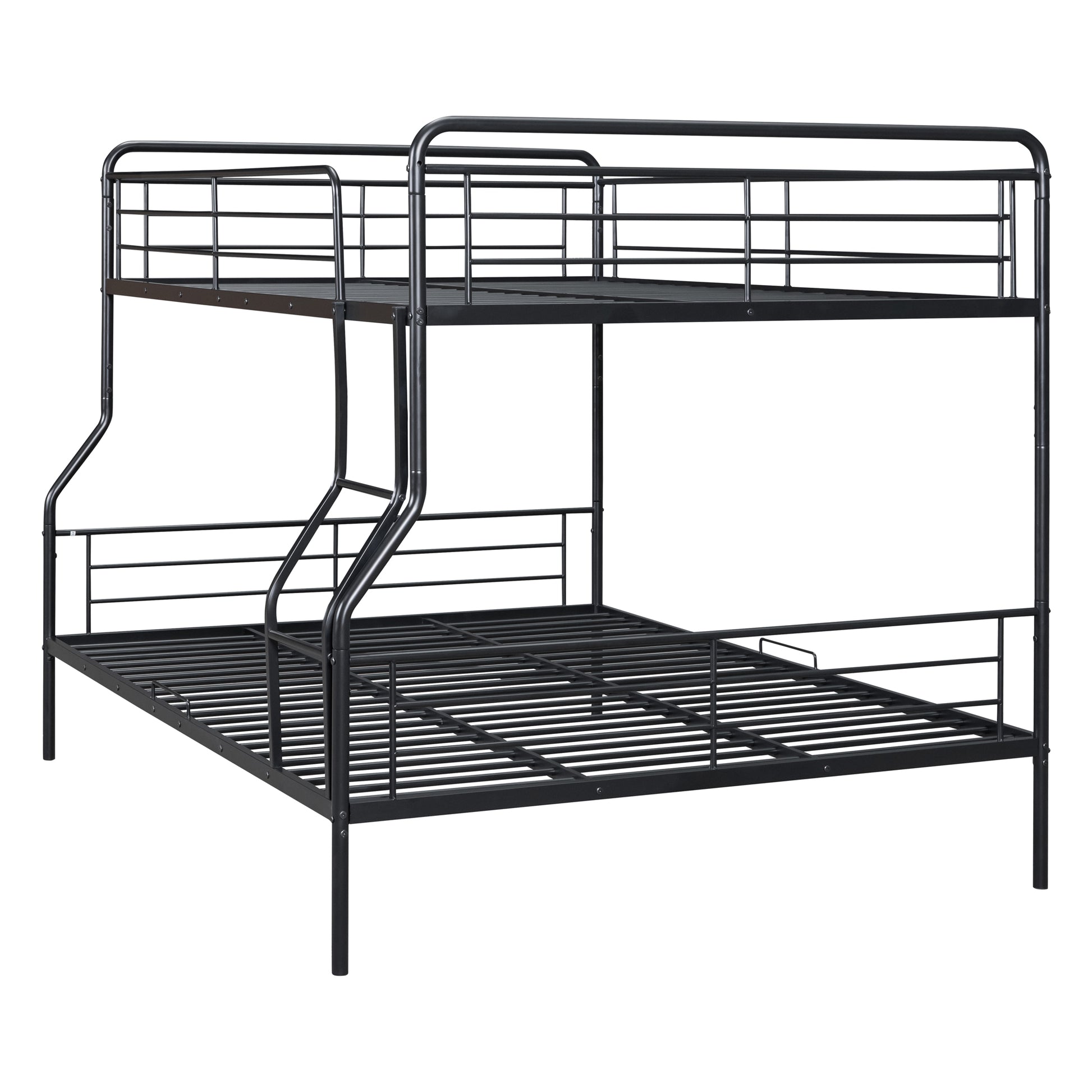 Black metal triple bunk bed with guardrails on top bunk and ladder
