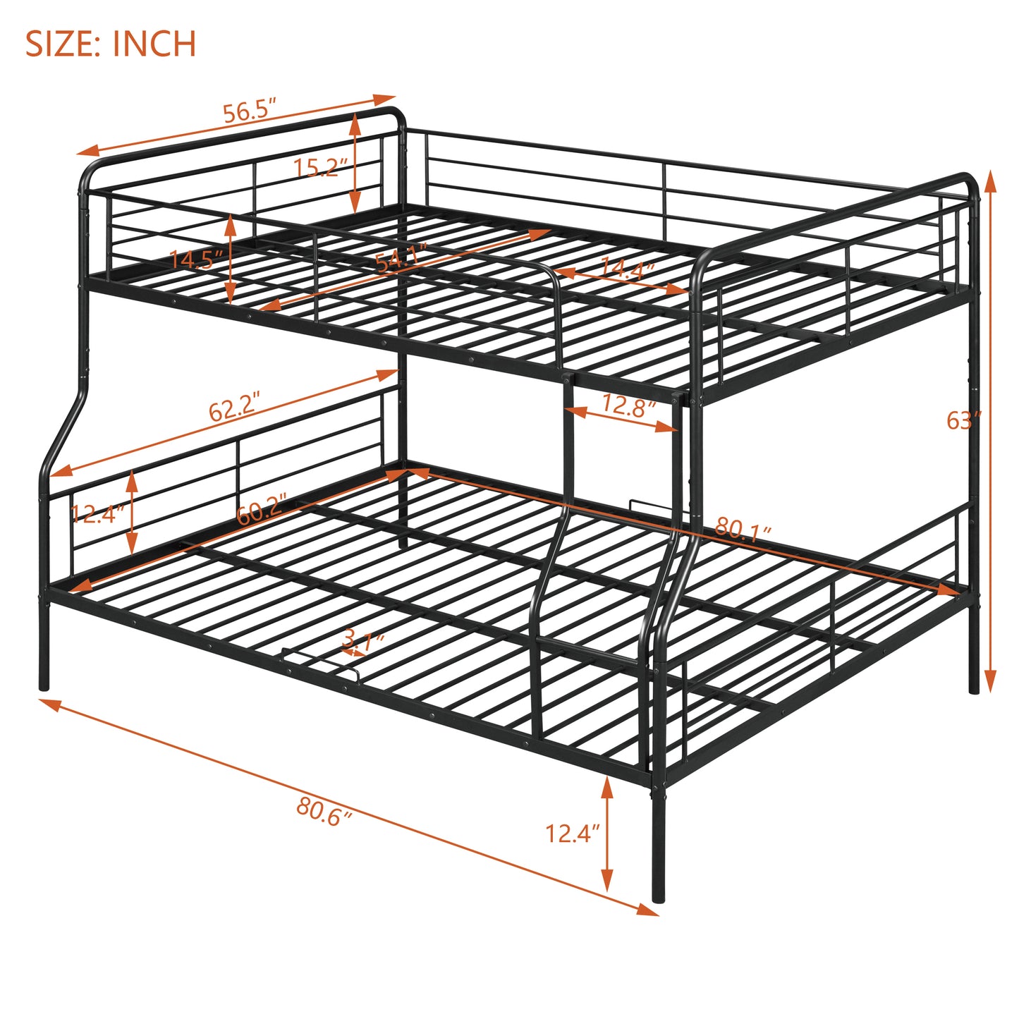 Black metal twin over twin bunk bed with detailed dimensions and safety rails