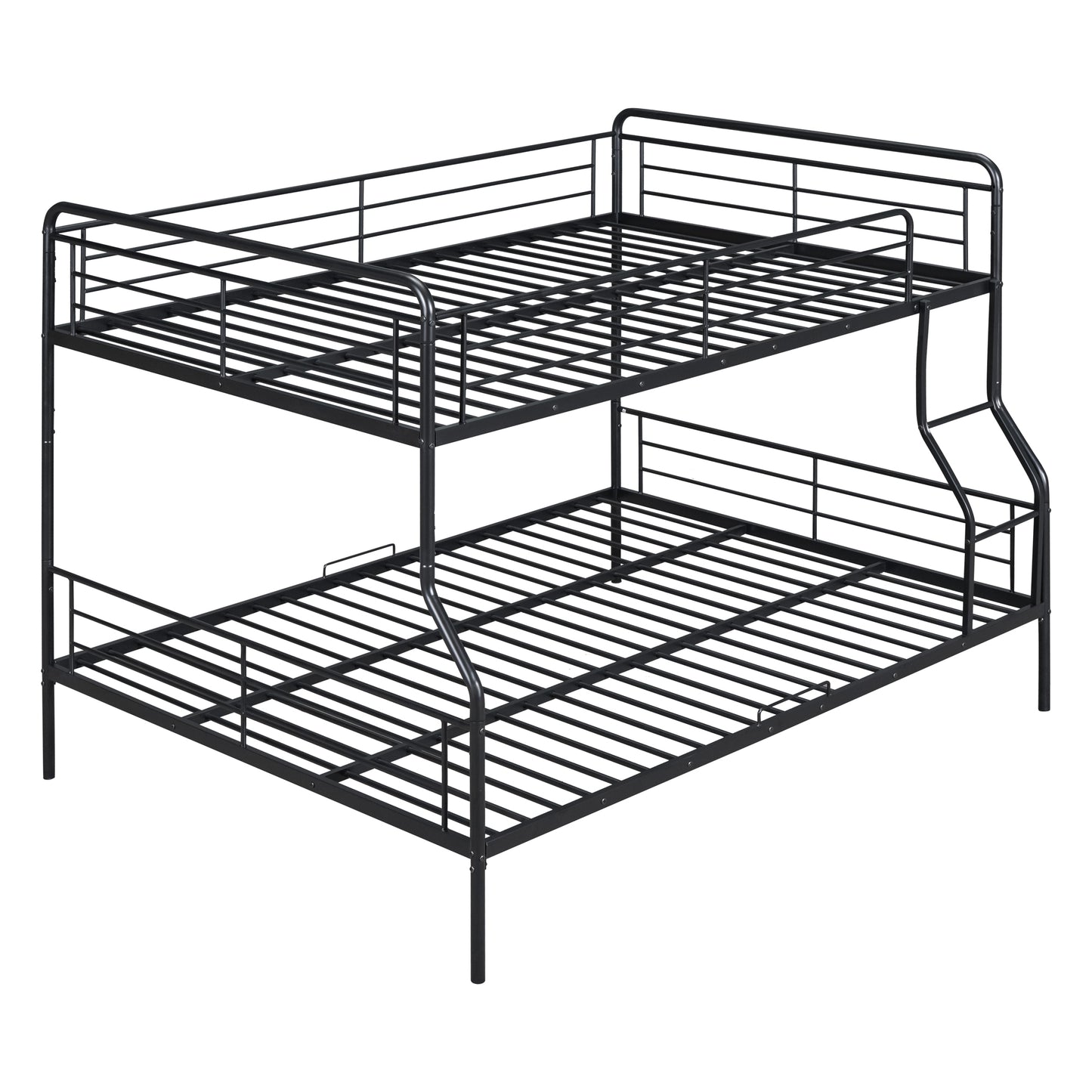 Black metal bunk bed frame with integrated guardrails on both levels