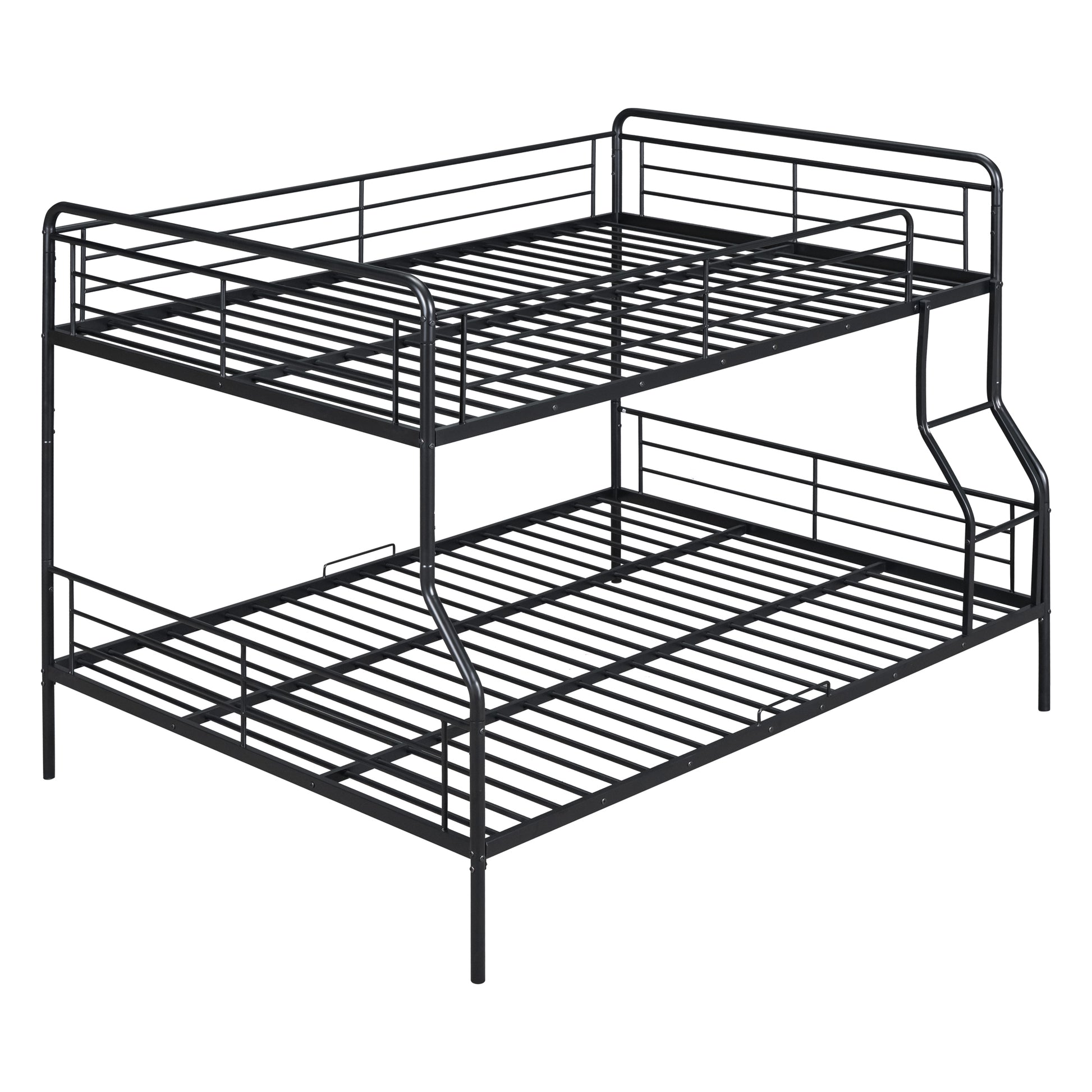 Black metal bunk bed frame with integrated guardrails on both levels