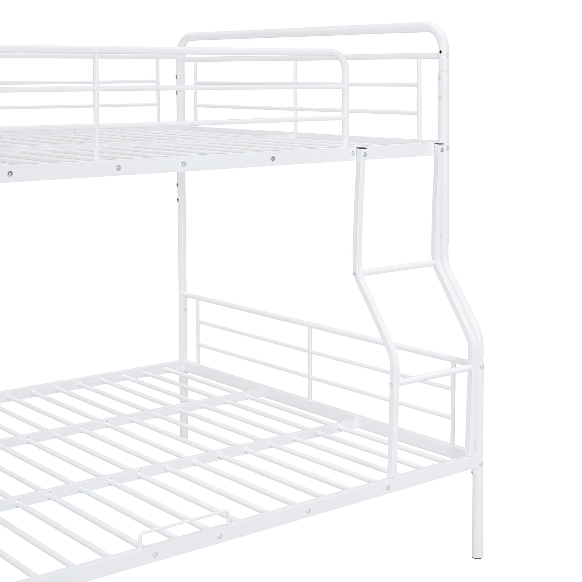 White metal bunk bed frame with guardrails and ladder rungs