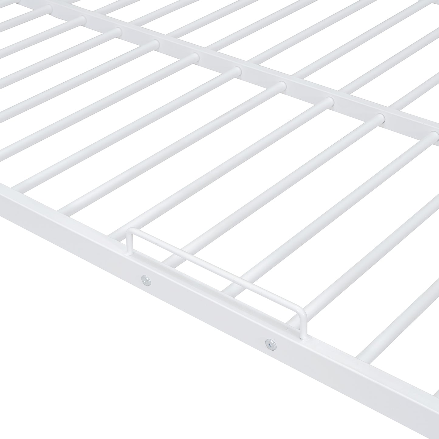 White metal bed frame with horizontal slats and support bar