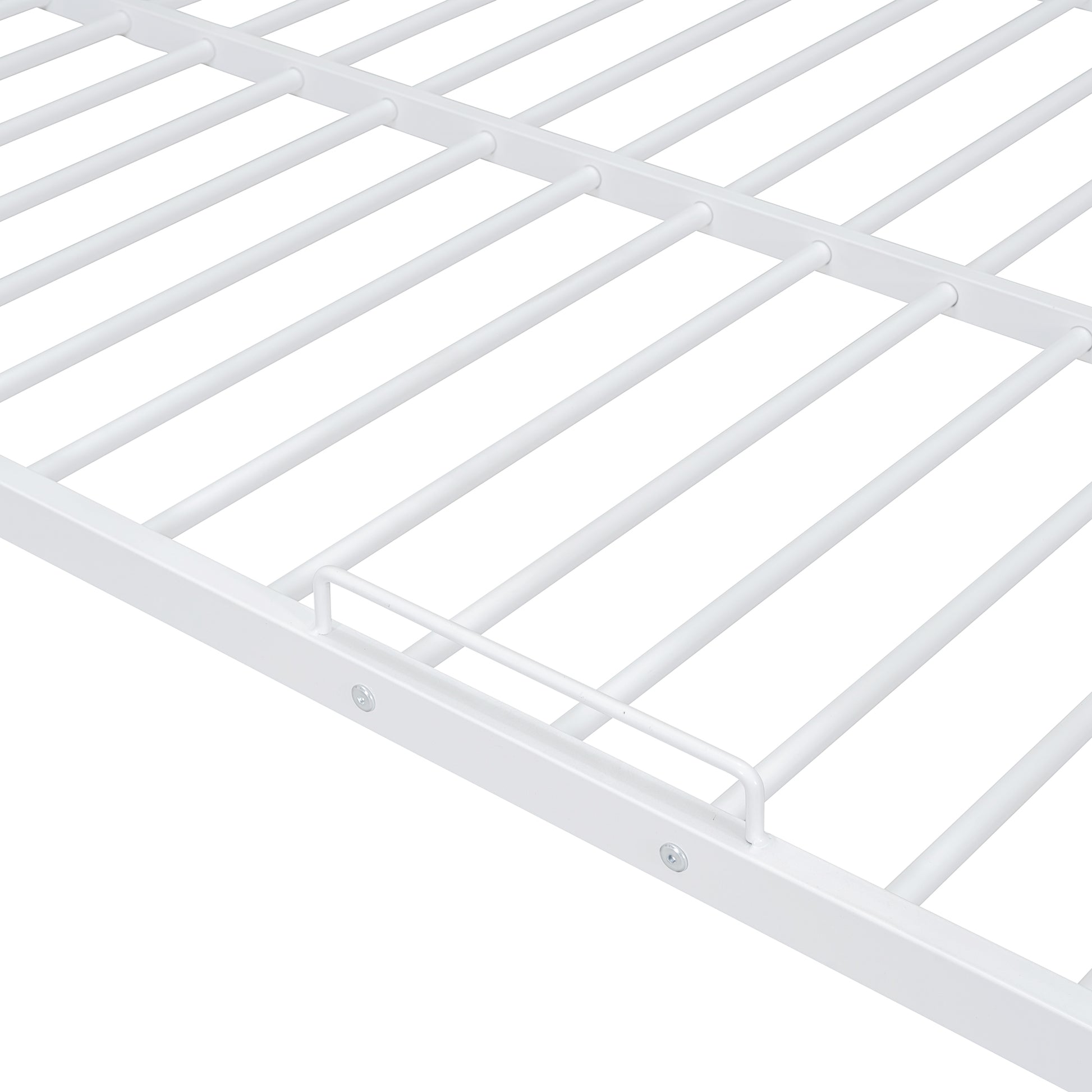 White metal bed frame with horizontal slats and support bar