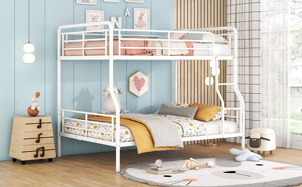 White metal twin over twin bunk bed with ladder