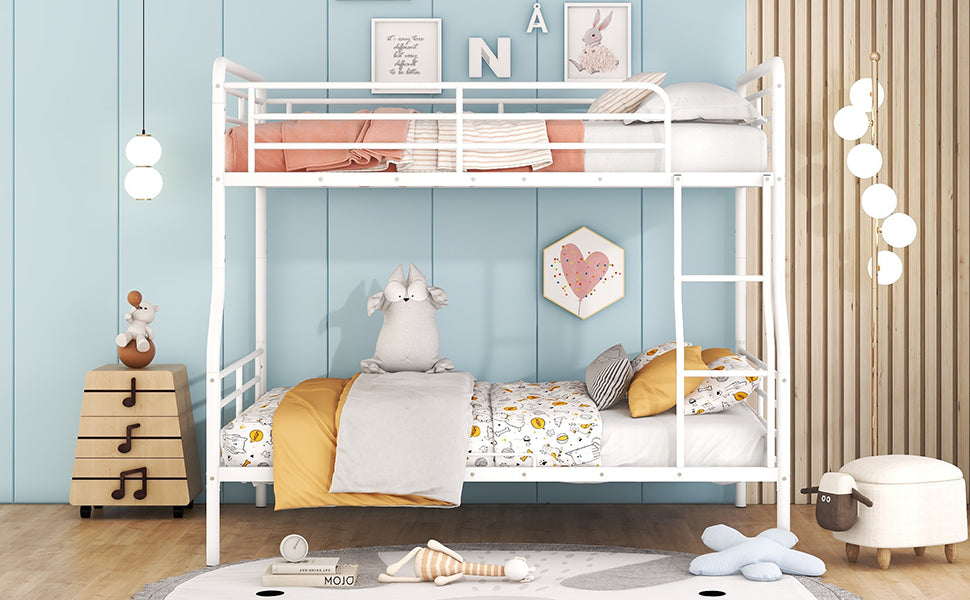 White metal twin over twin bunk bed with colorful bedding