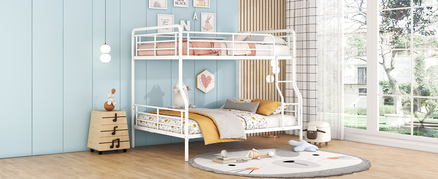 White metal twin over twin bunk bed with ladders