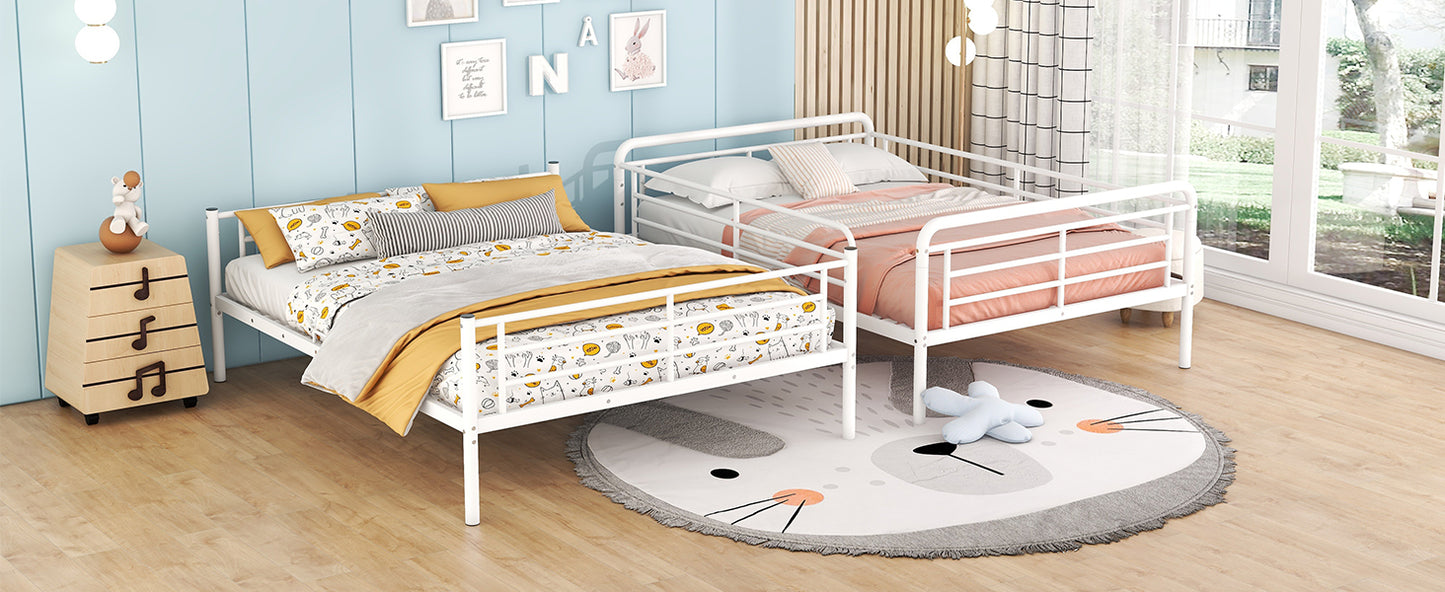 White metal twin bed with catthemed bedding