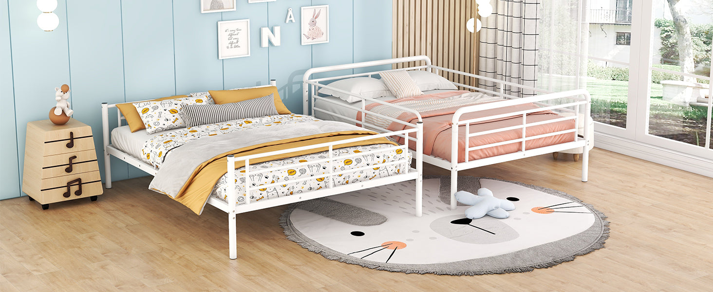 White metal twin bed with catthemed bedding