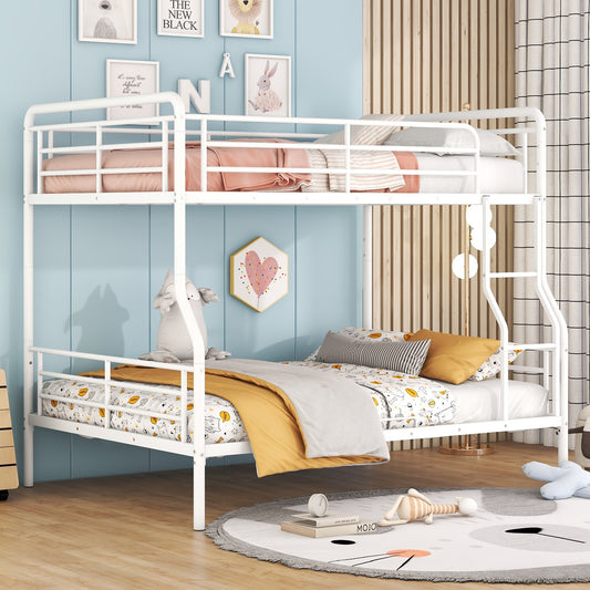 White metal twin over twin bunk bed with playful bedding