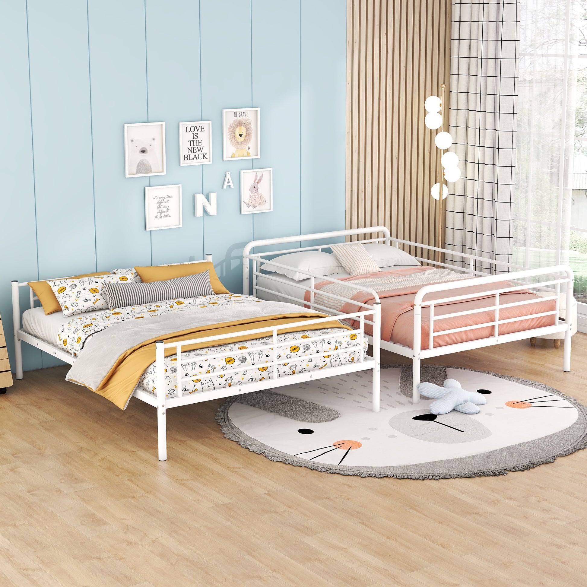 White twin metal bed frame with playful cat print bedding