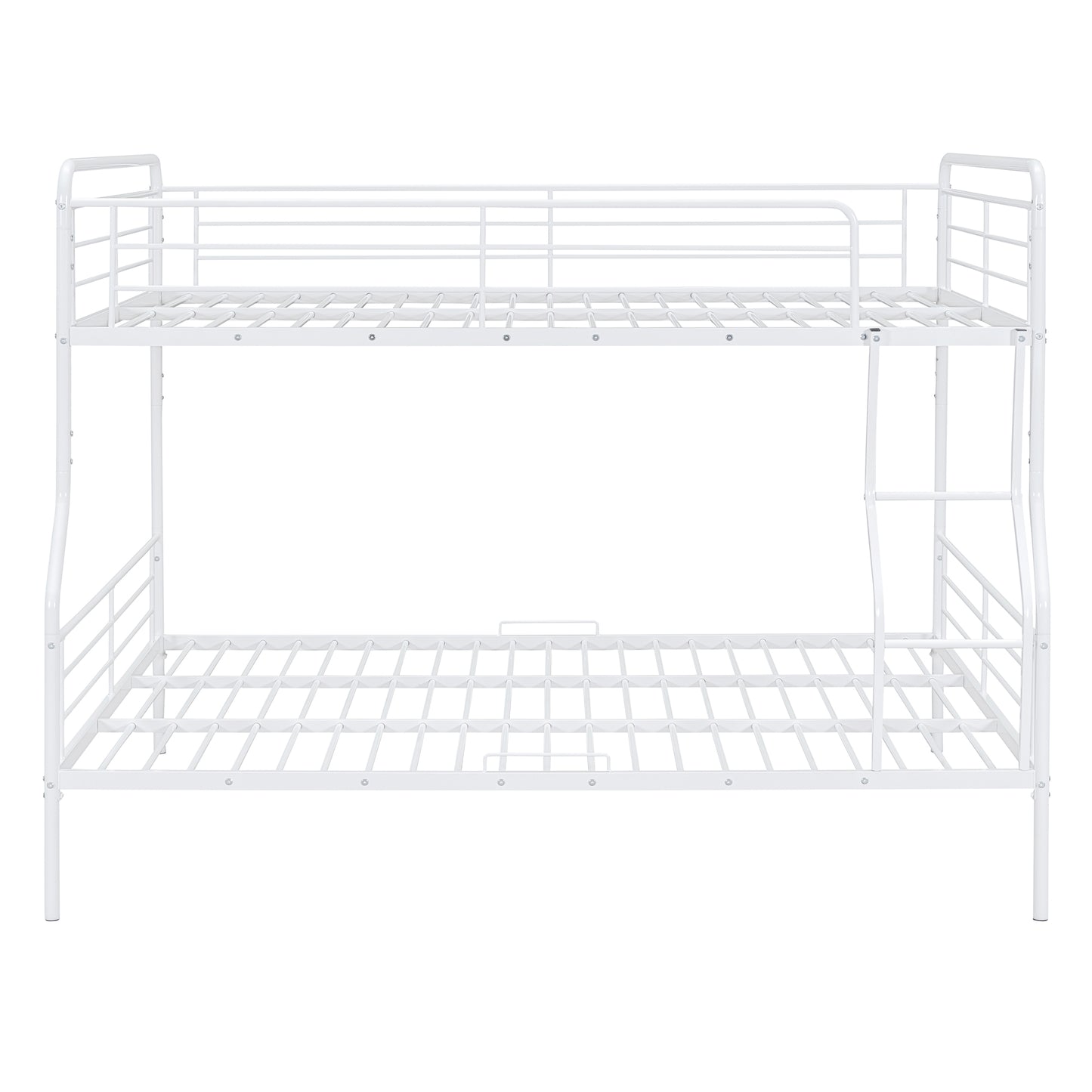 Modern white metal bunk bed with integrated ladder and safety rails