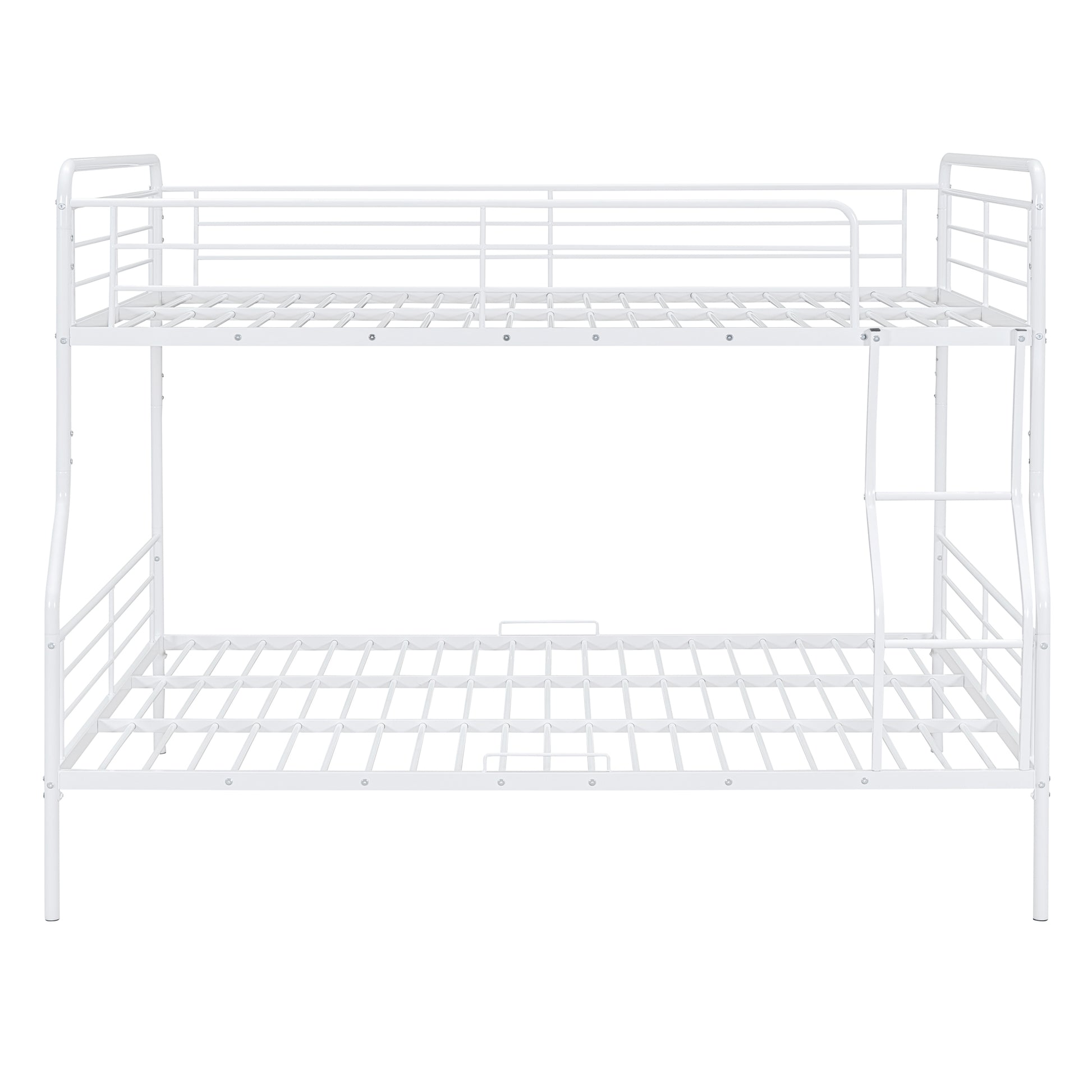 Modern white metal bunk bed with integrated ladder and safety rails