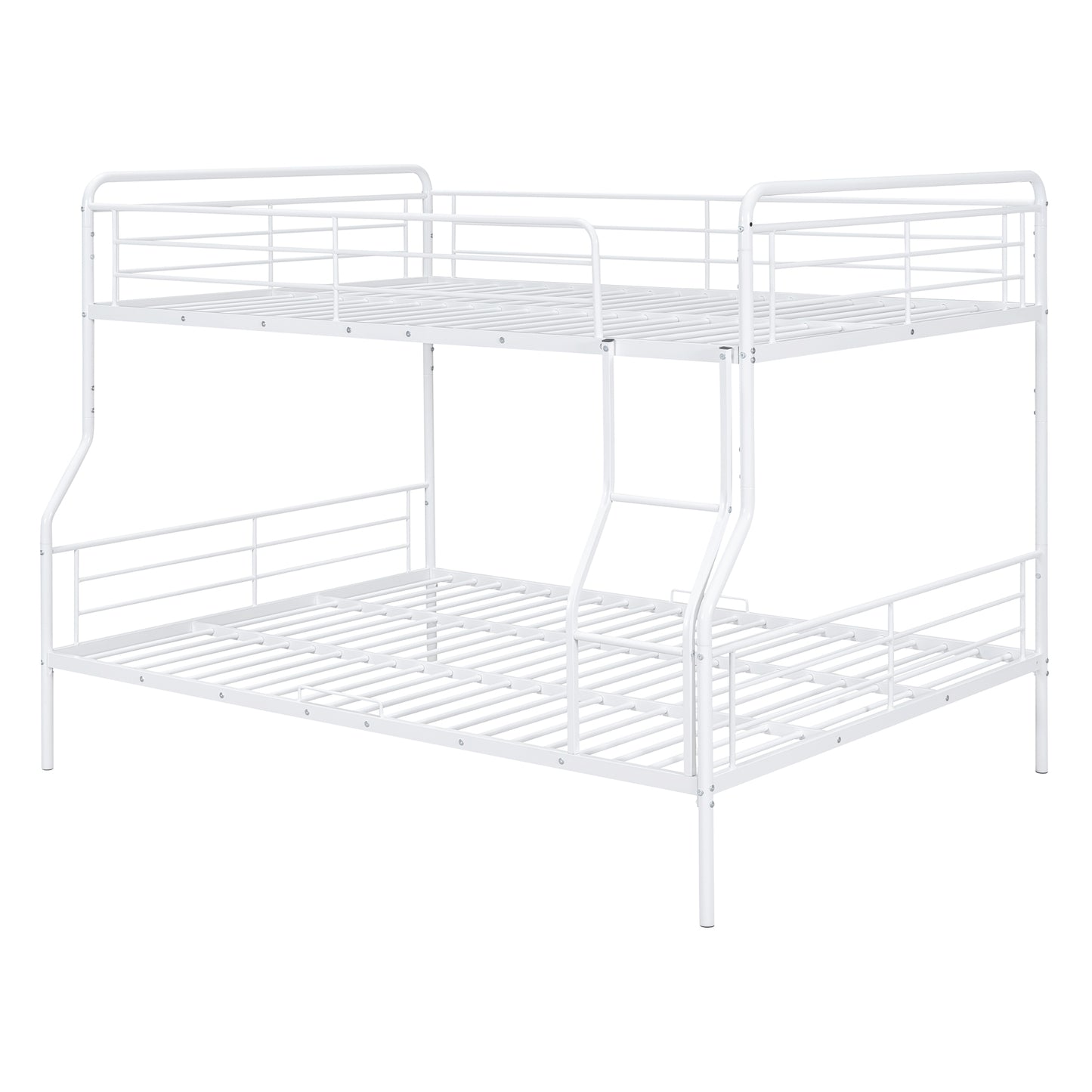 White metal triple bunk bed with guardrails for kids