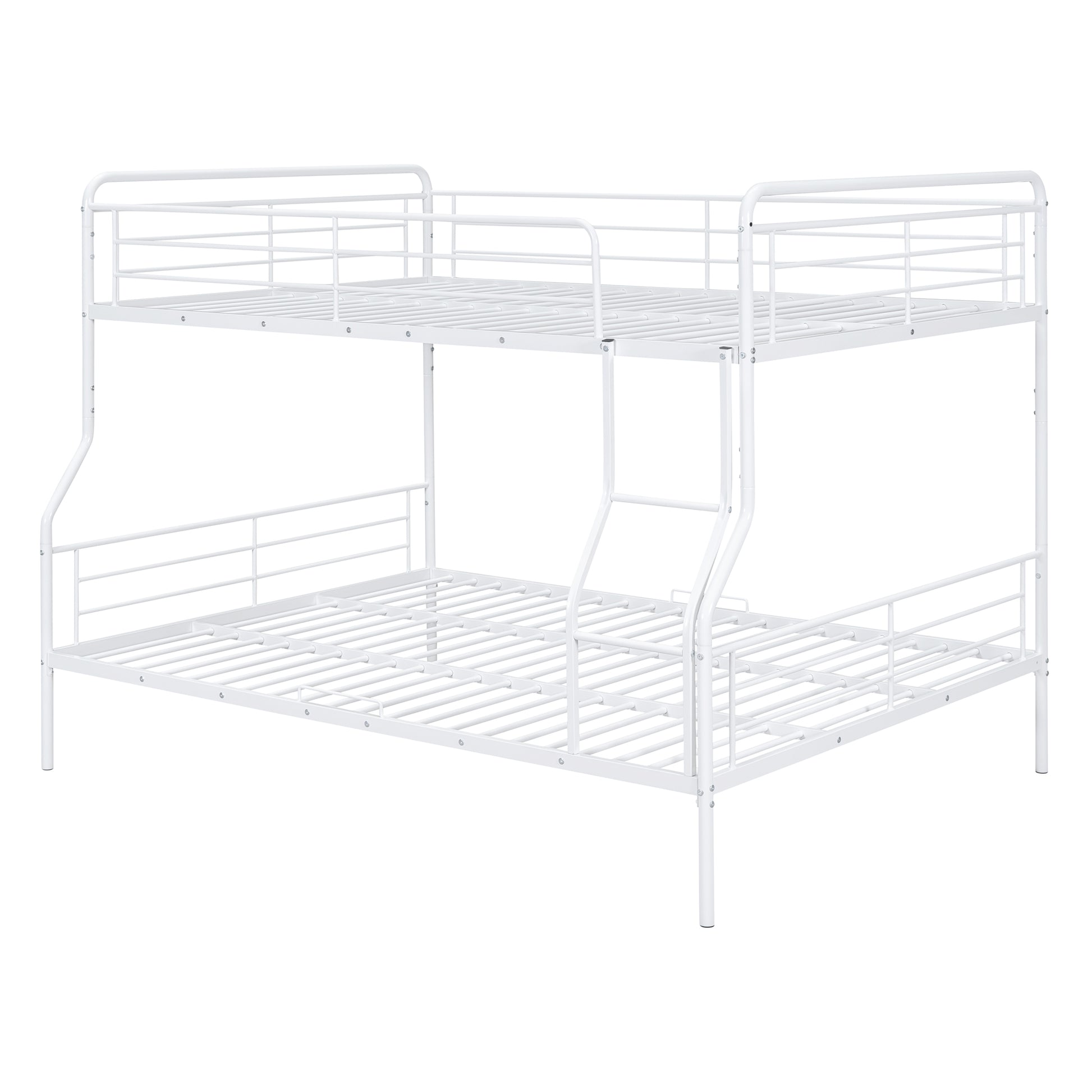 White metal triple bunk bed with guardrails for kids