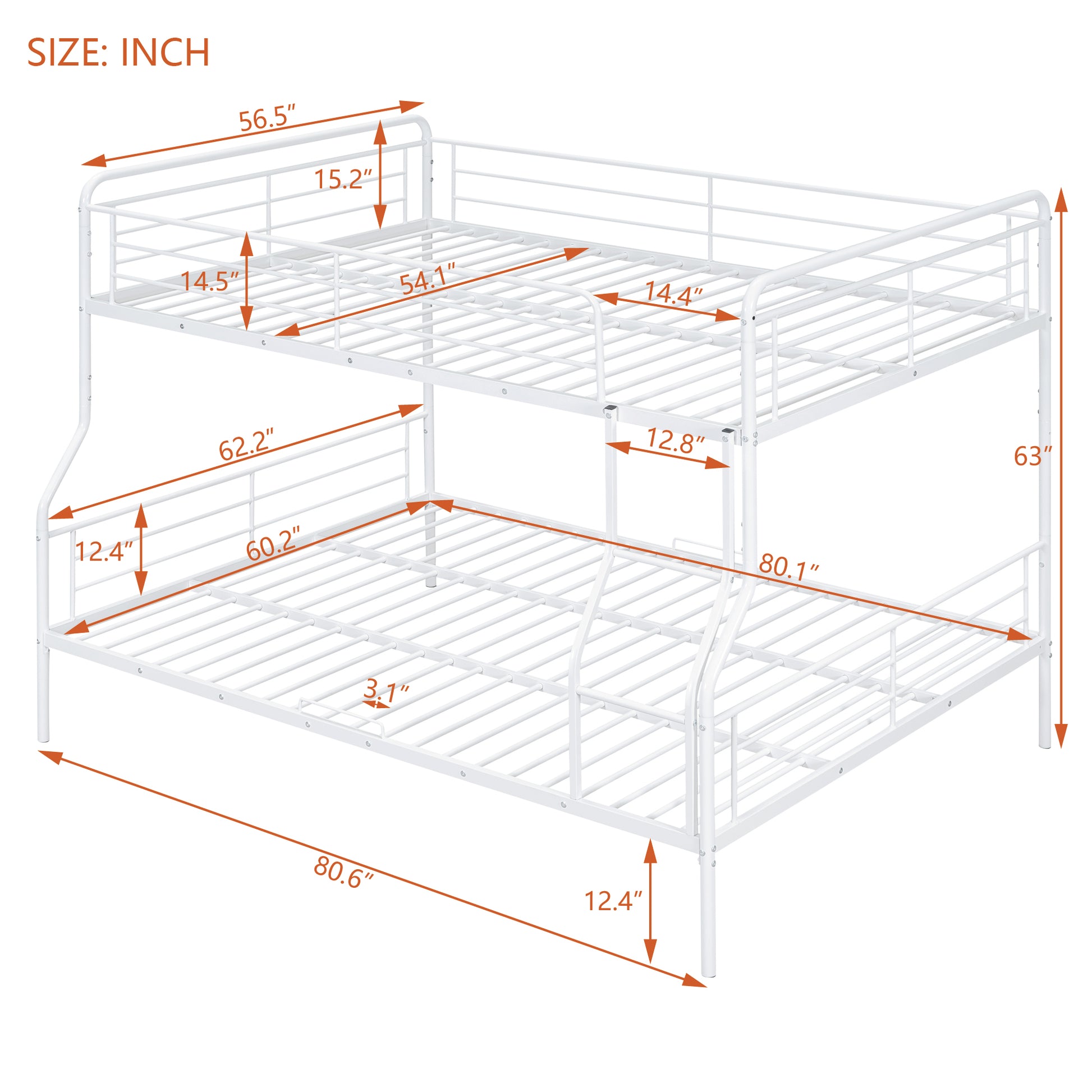 White metal bunk bed with detailed dimensions