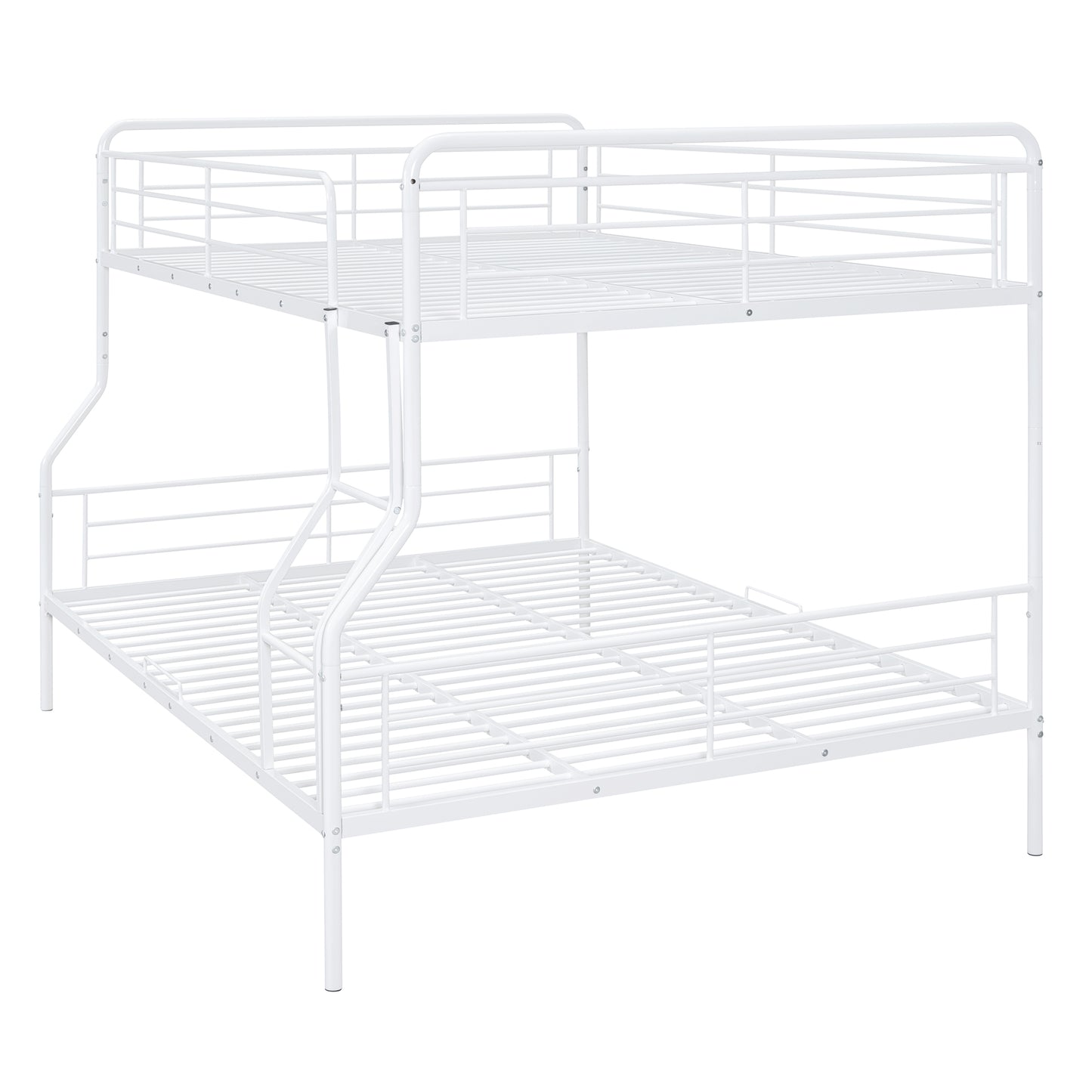 White metal twin over full bunk bed with metal slatted base ideal for kids rooms