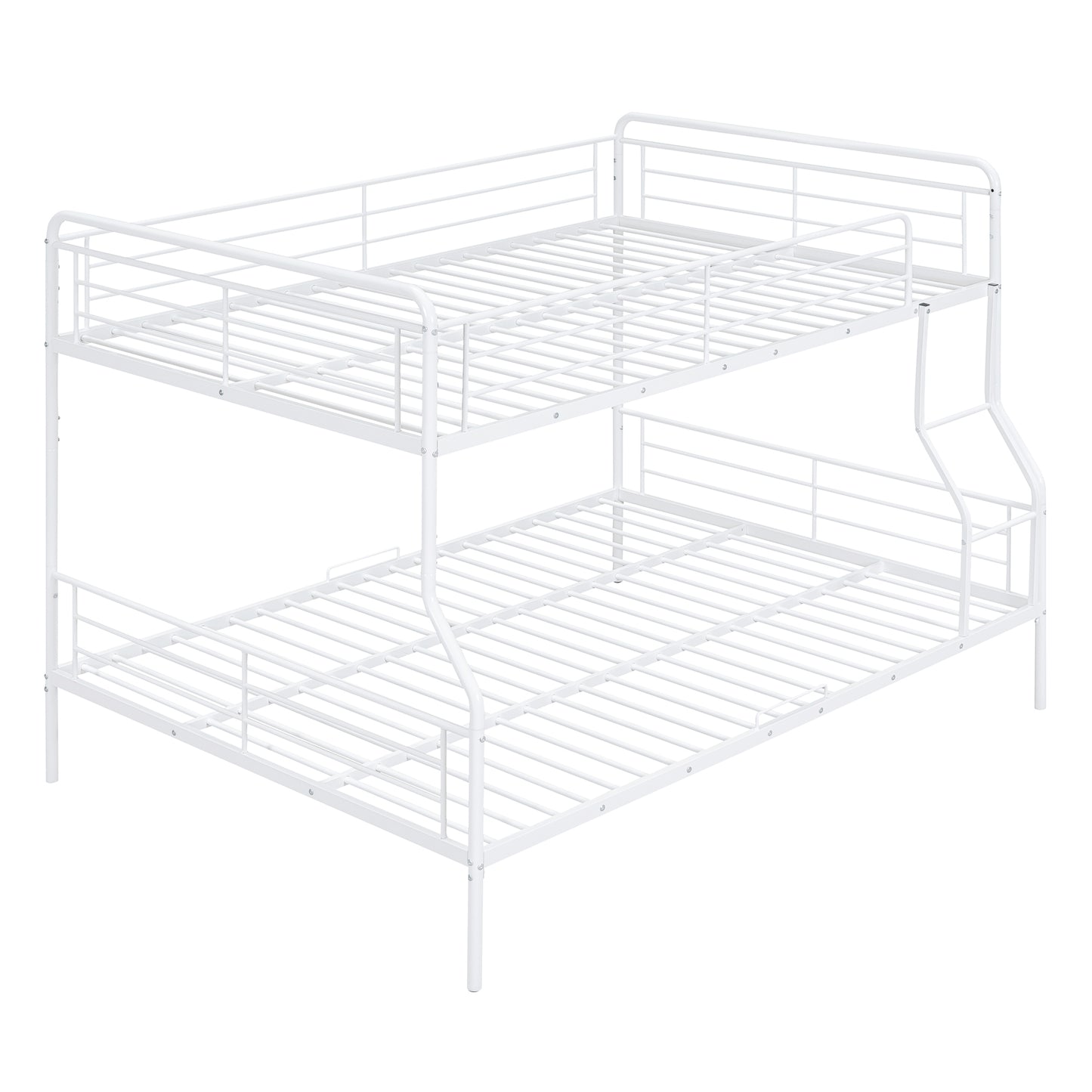 White metal bunk bed with sturdy frame and guardrails
