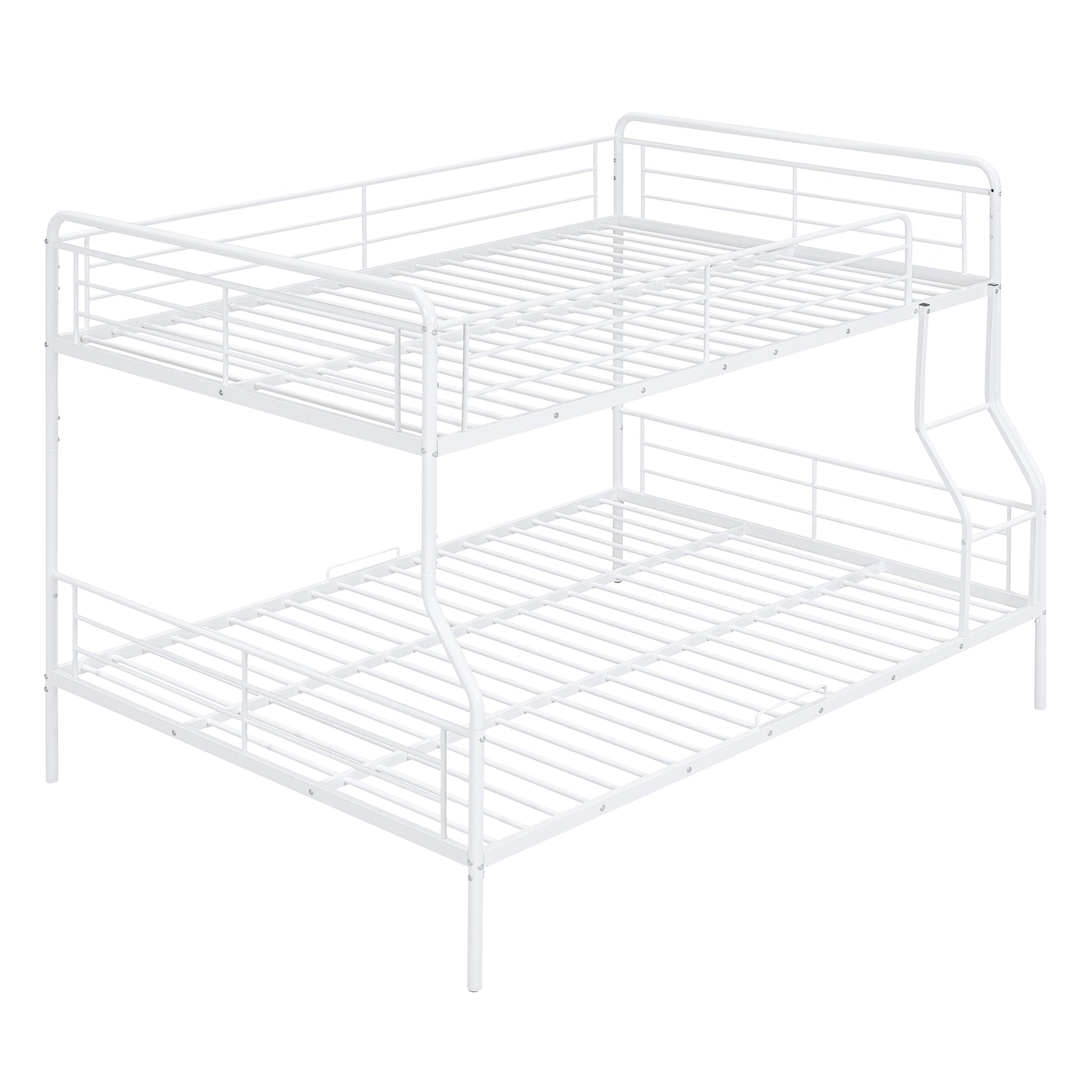 White metal bunk bed with sturdy frame and guardrails