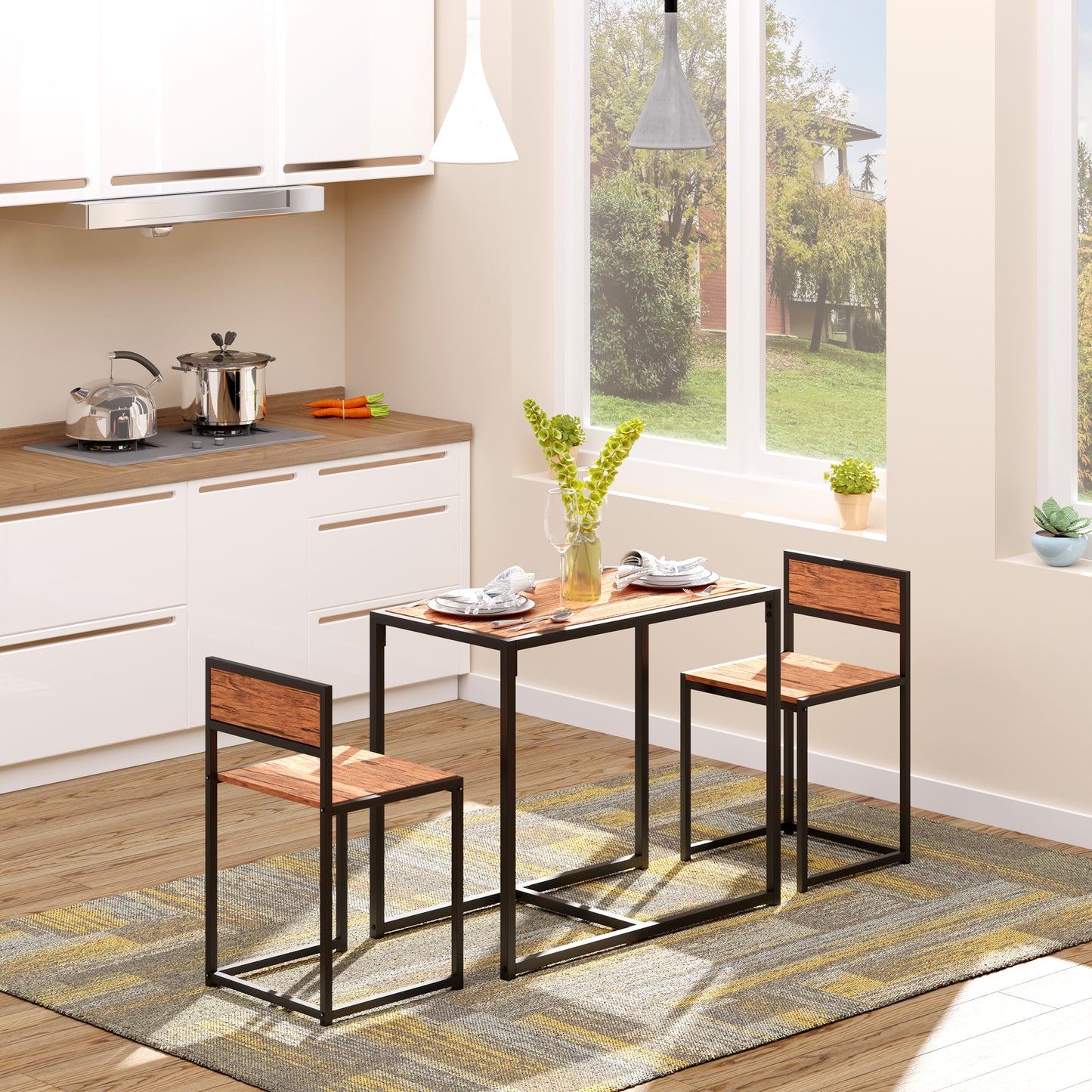 Compact dining set with woodlook tabletop and black metal frame