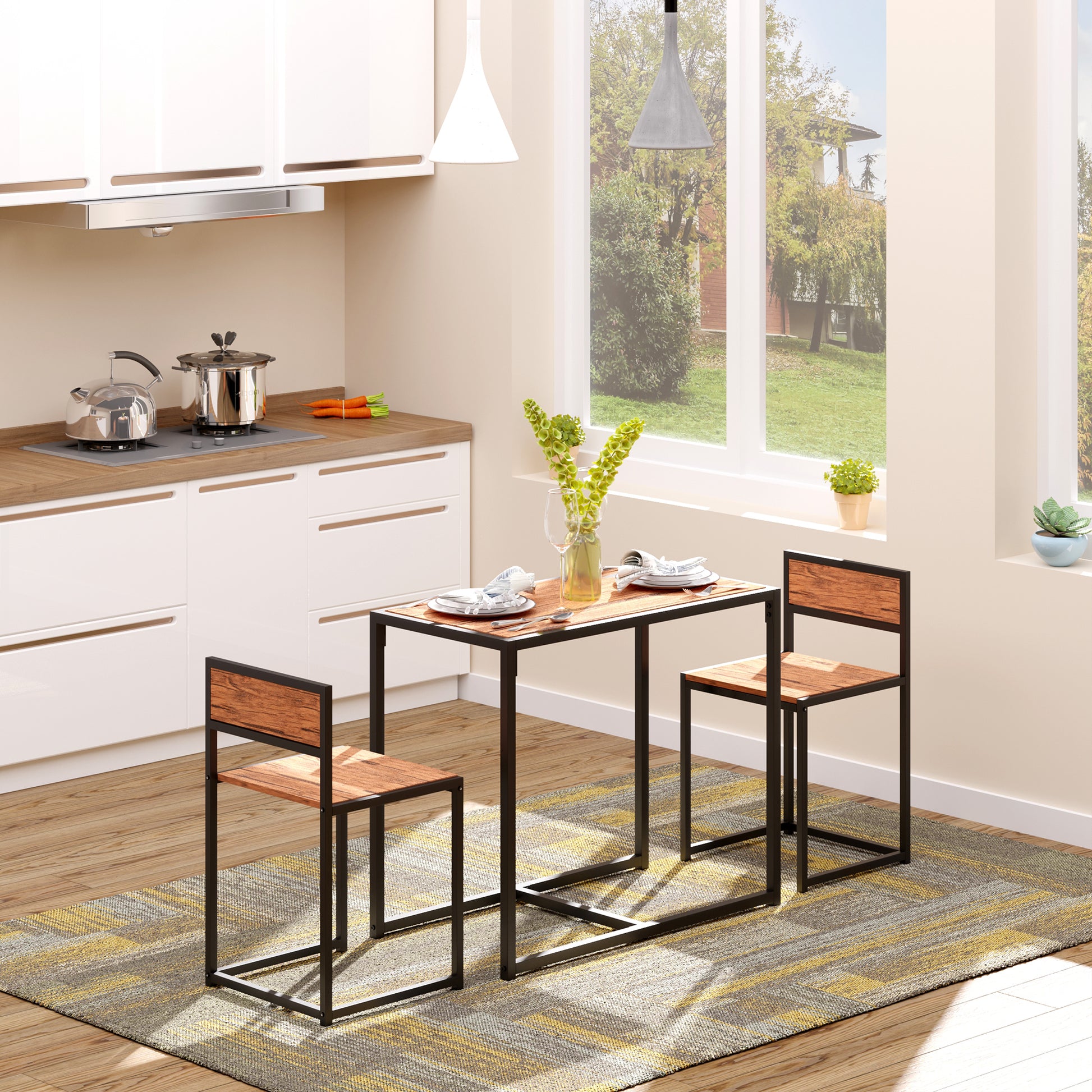 Compact dining set with woodlook tabletop and black metal frame