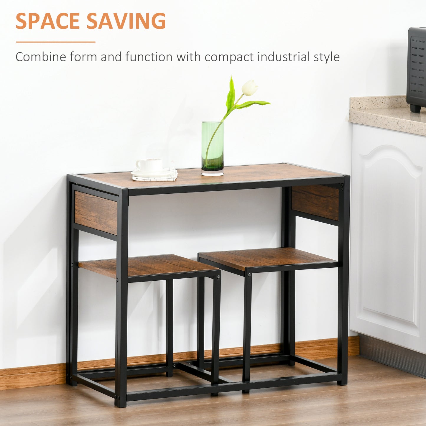 Rustic wood and black metal dining table set for compact spaces