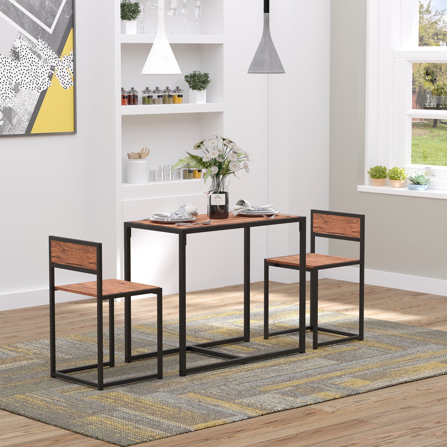 Rustic wood and black metal dining set with two chairs