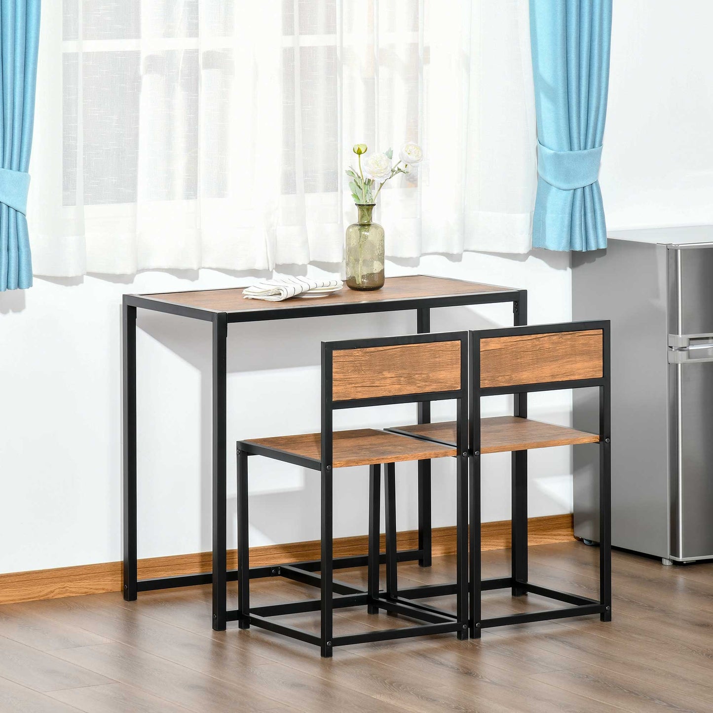 Compact dining set with faux wood top table and two chairs