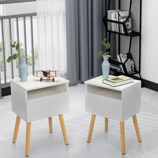 White twodrawer nightstand with tapered wooden legs and open shelf