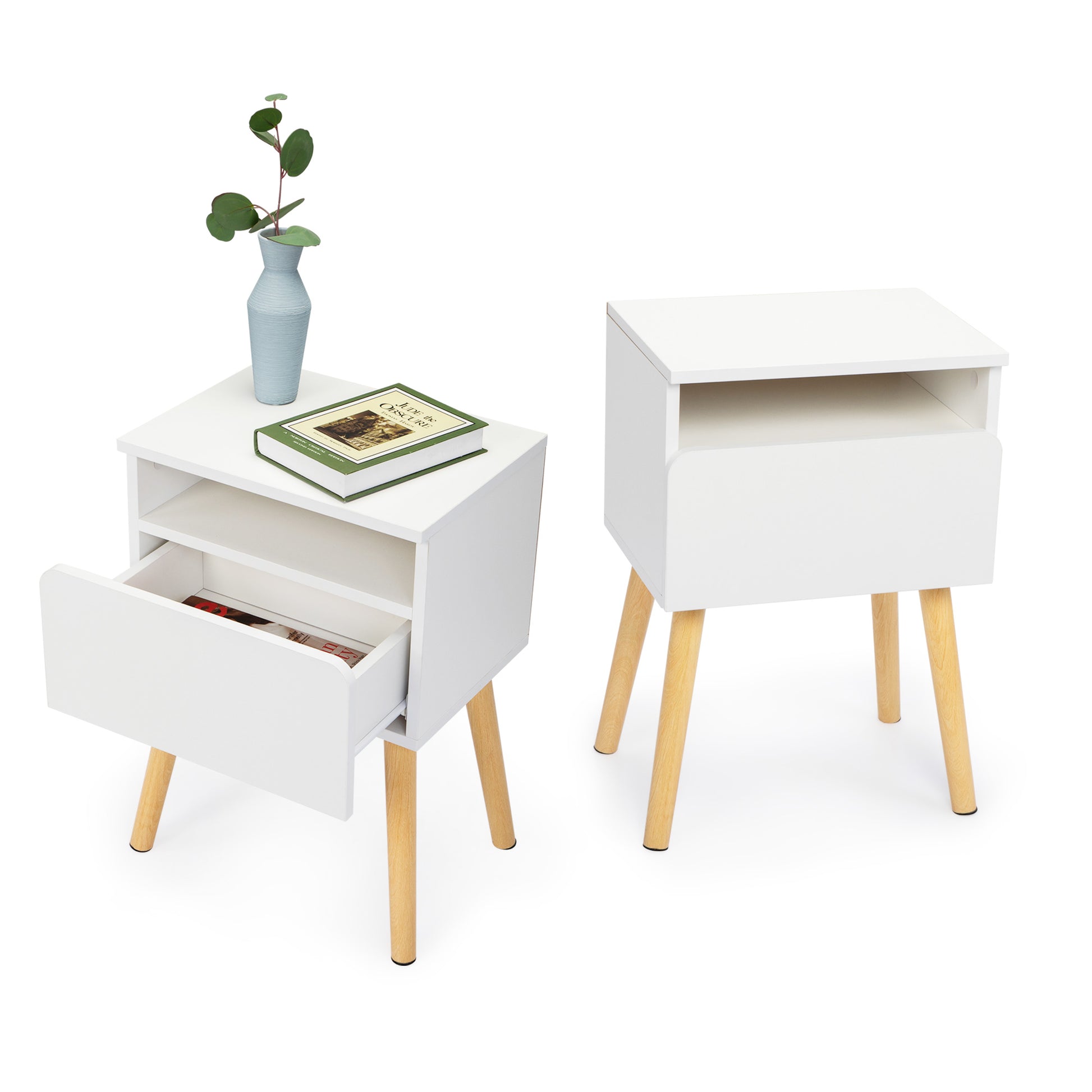 Modern white bedside table with drawer and open shelf natural wood legs