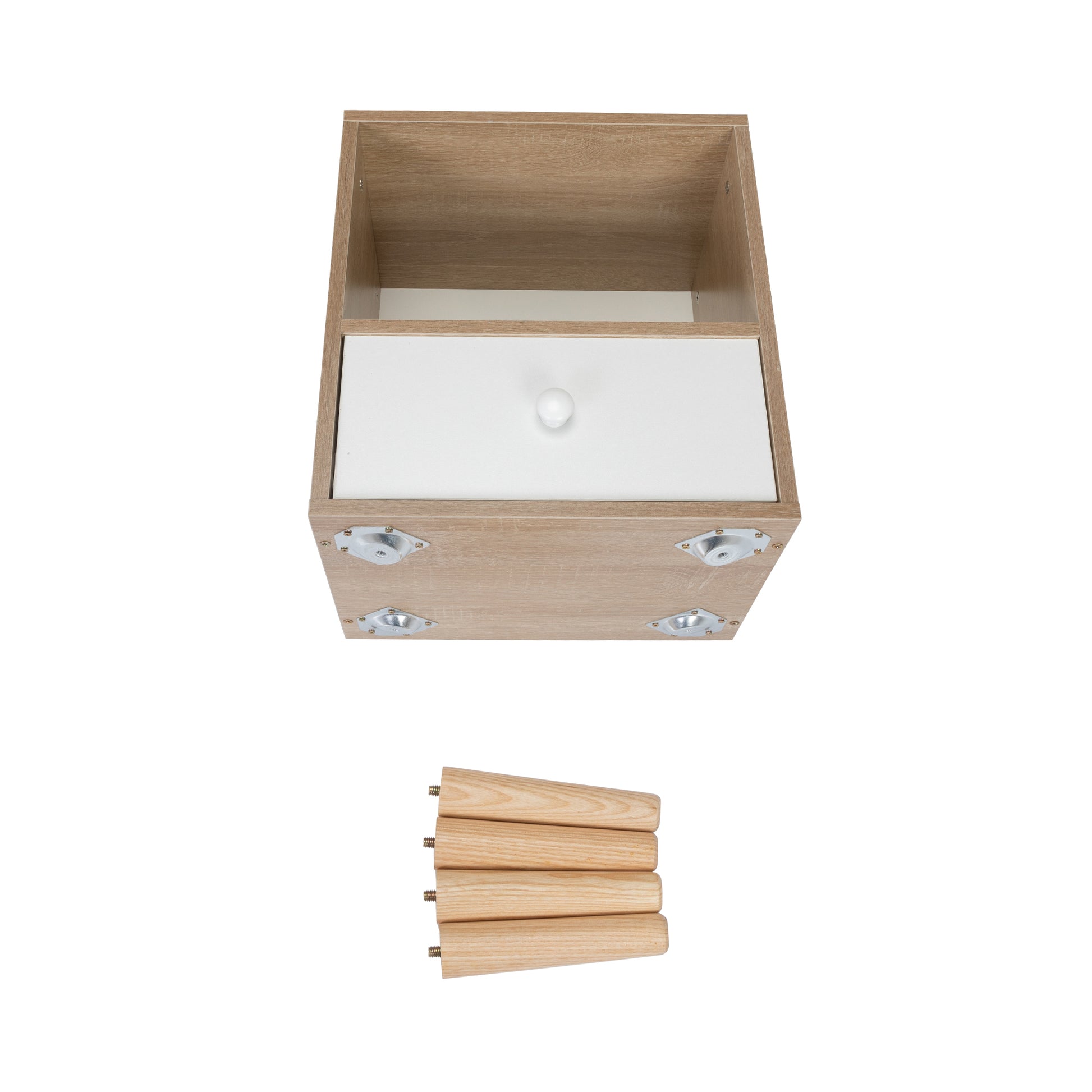Oak effect cabinet frame with white drawer and wooden legs