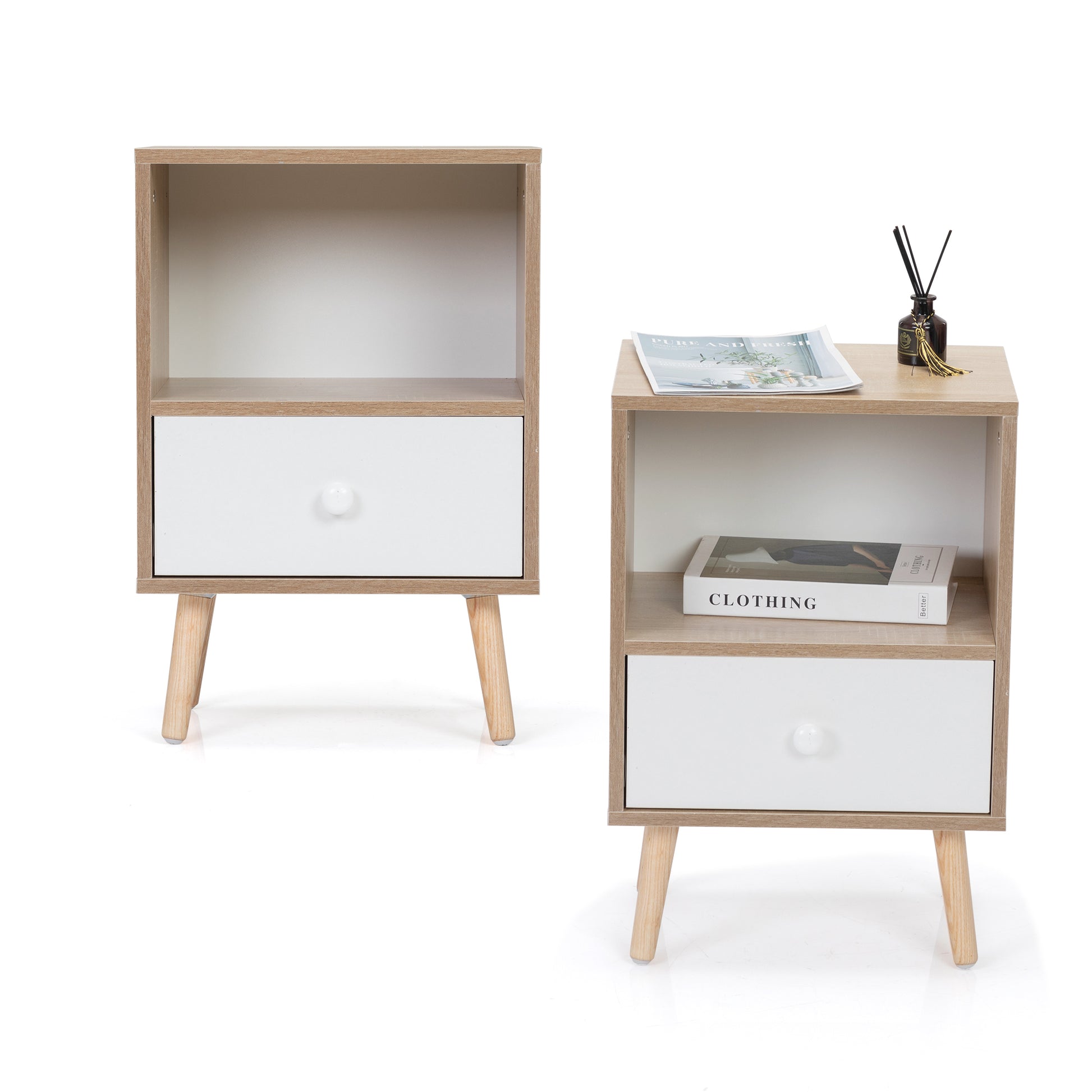 Modern twotone bedside table with one drawer and open shelf natural wood finish