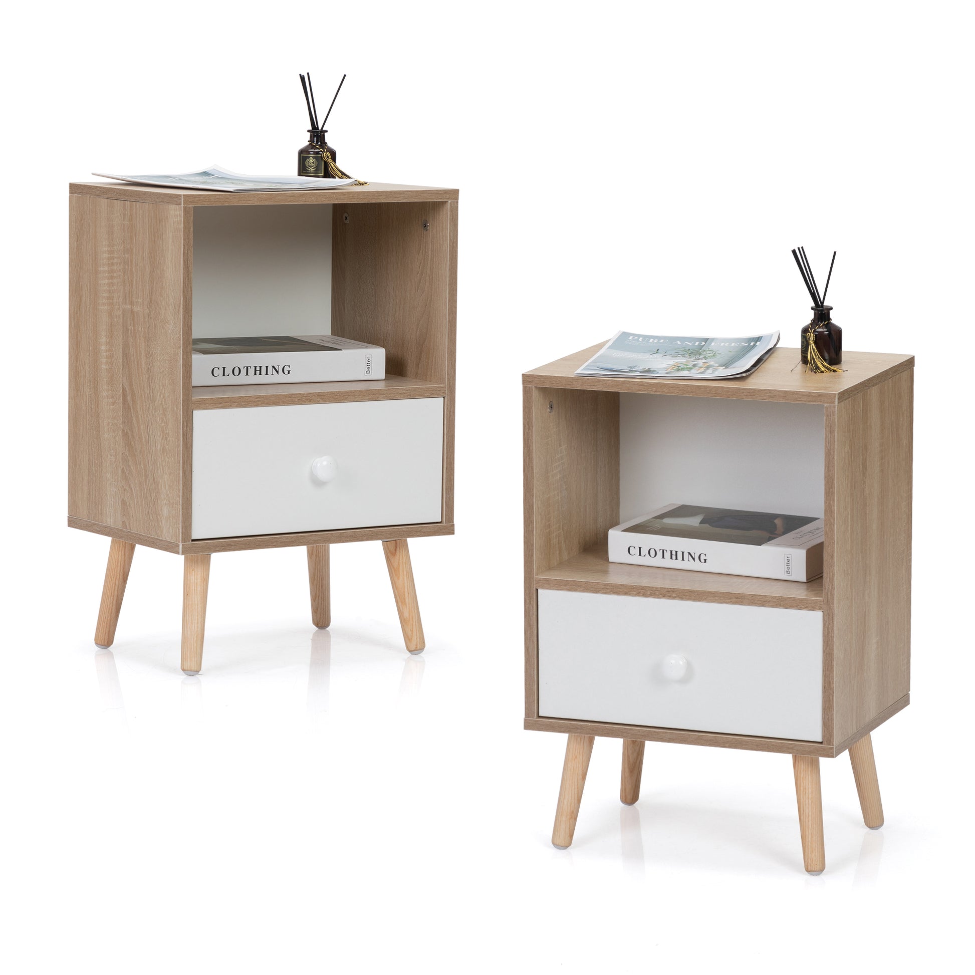 Light wood grain nightstand with white drawer and open shelf midcentury modern style