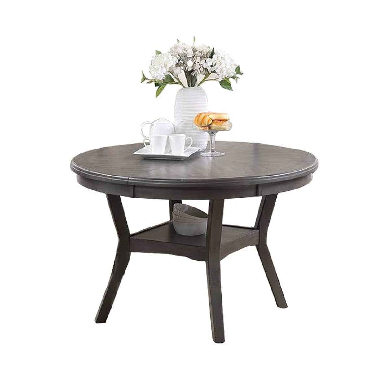 Dark gray wooden round dining table with shelf