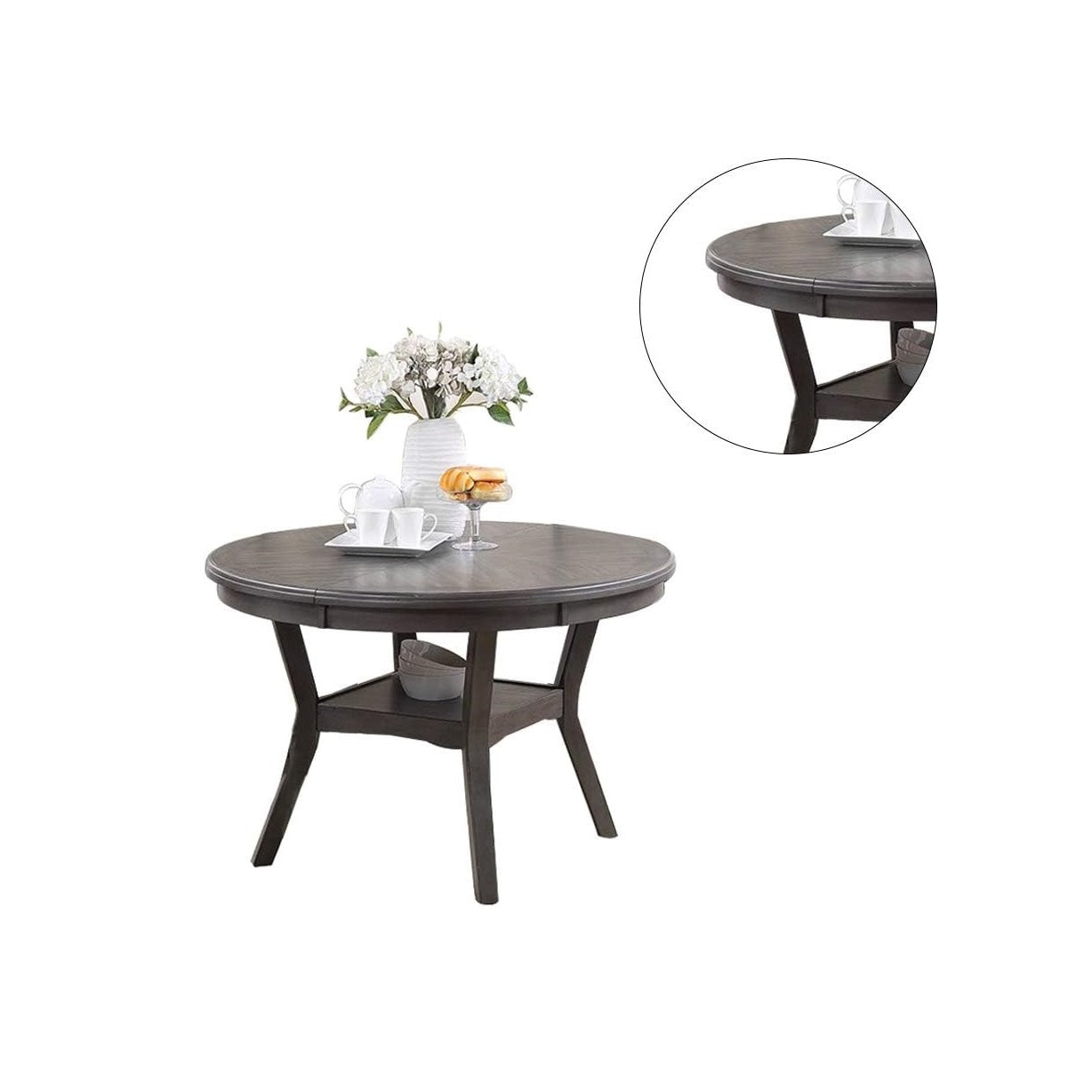 Dark gray round dining table with shelf