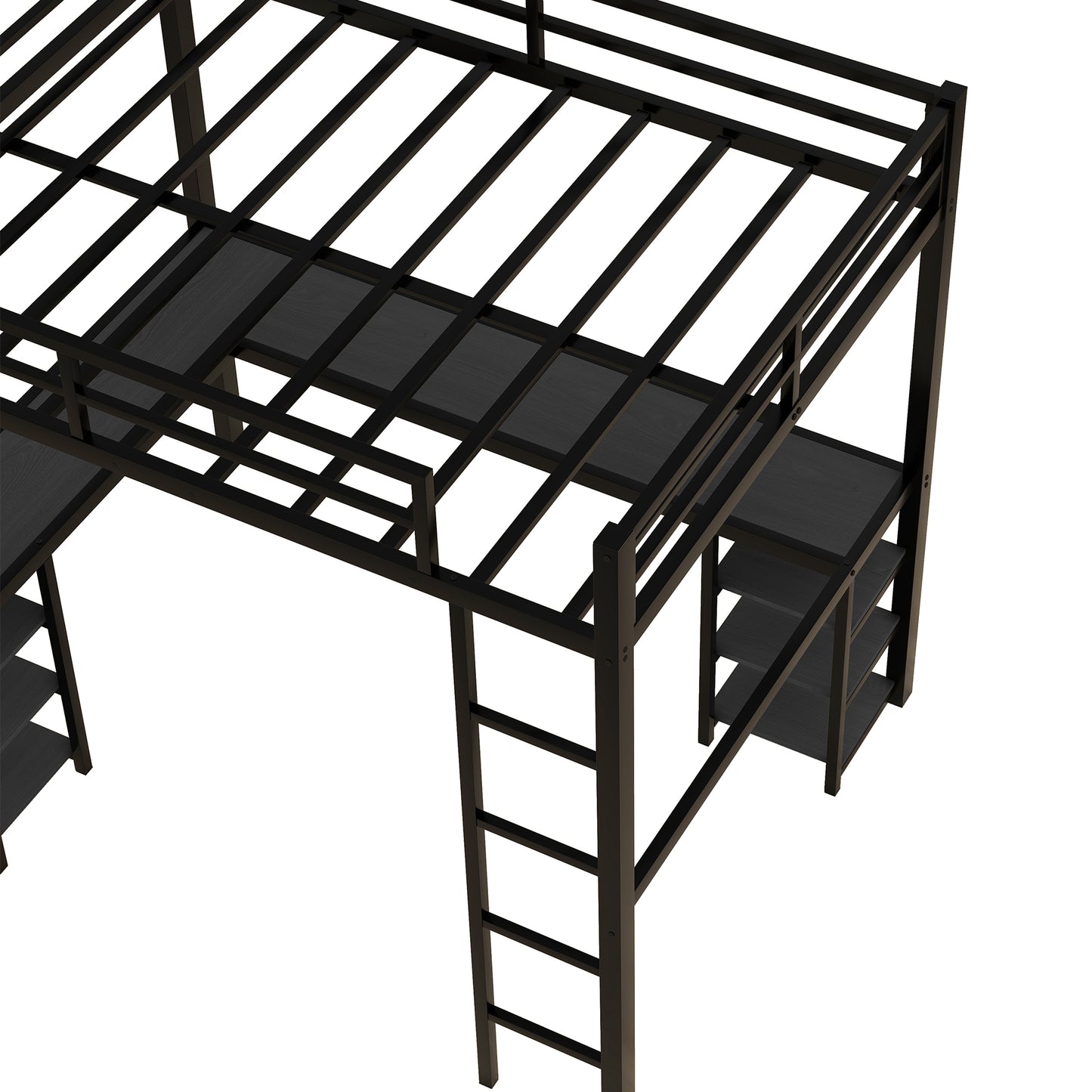 Black metal loft bed frame with integrated desk and shelving