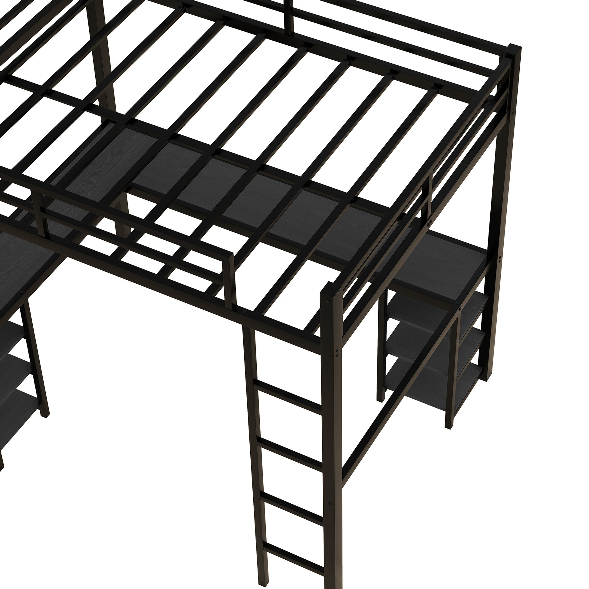 Black metal loft bed frame with integrated desk and shelving