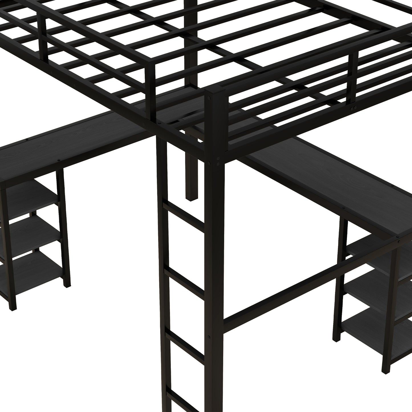 Black metal loft bed with builtin desk and shelves