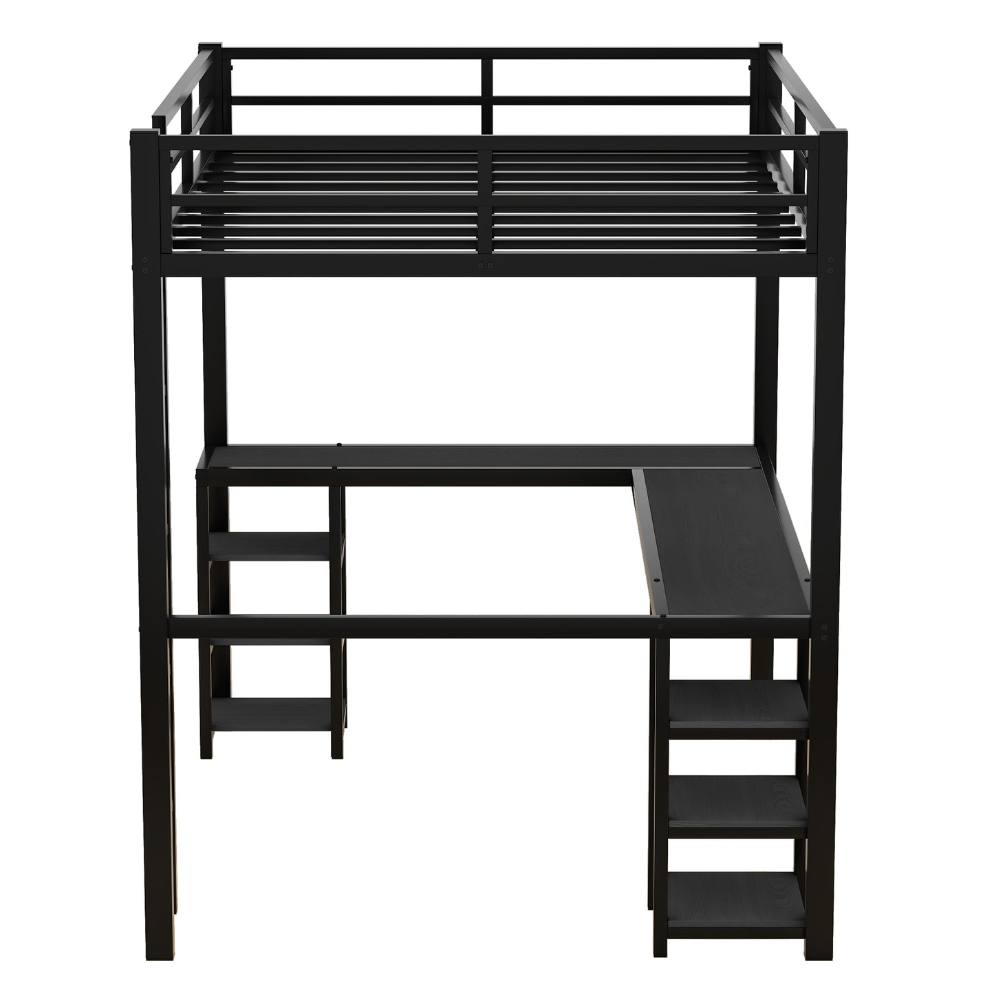 Black metal loft bed with integrated Lshaped desk and shelves