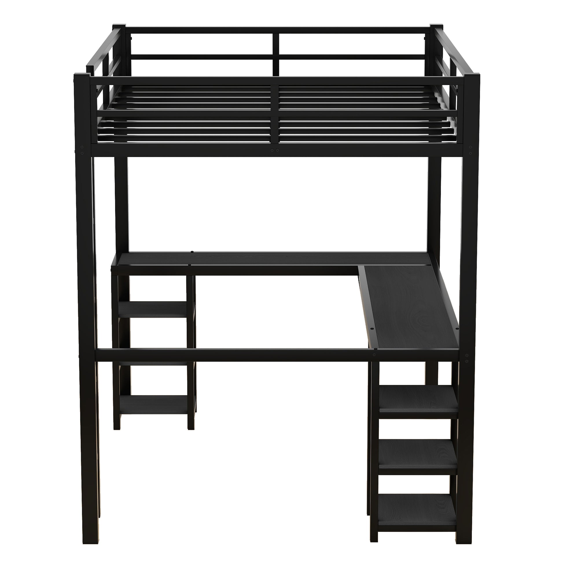 Black metal loft bed with integrated Lshaped desk and shelves
