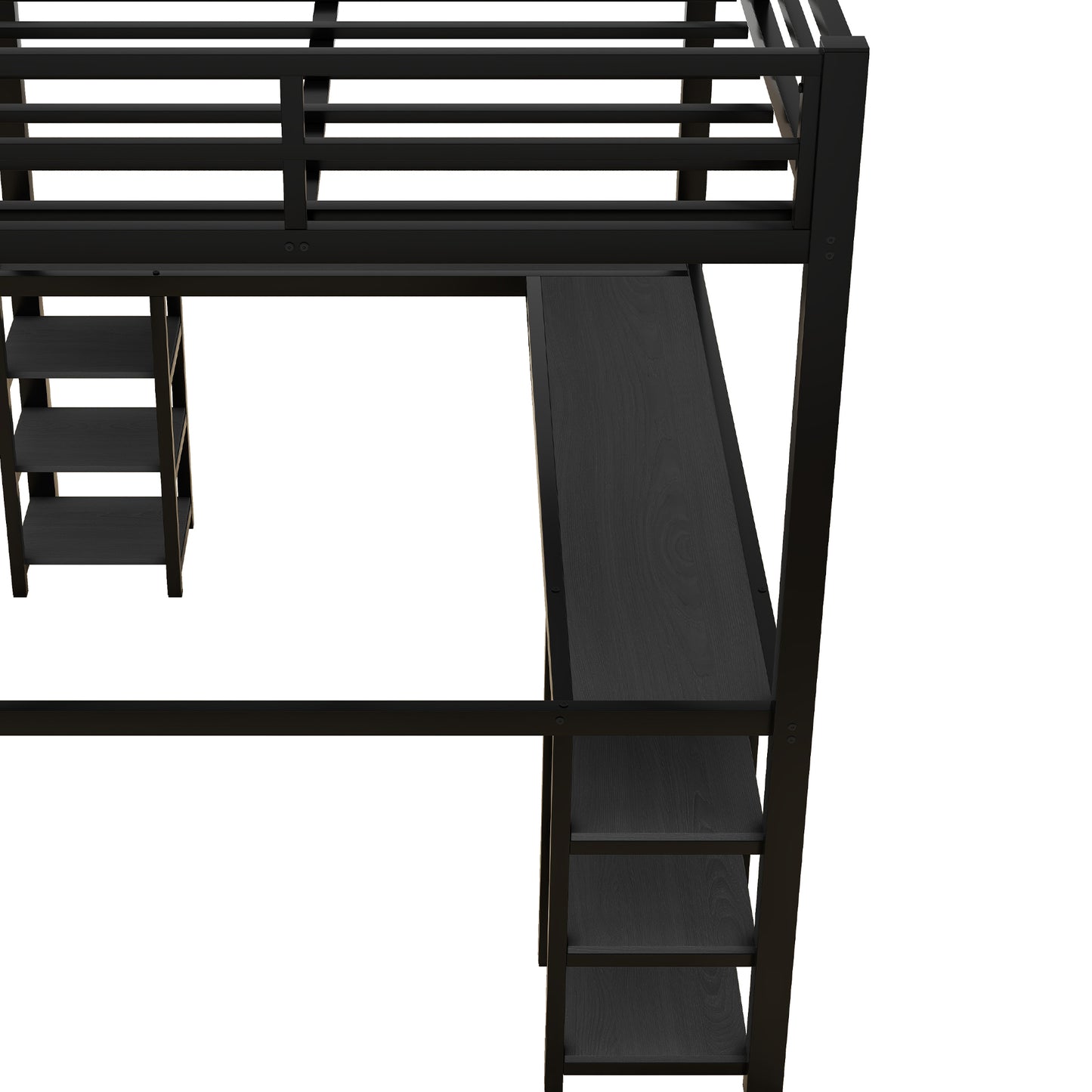 Black metal loft bed with integrated desk and shelves