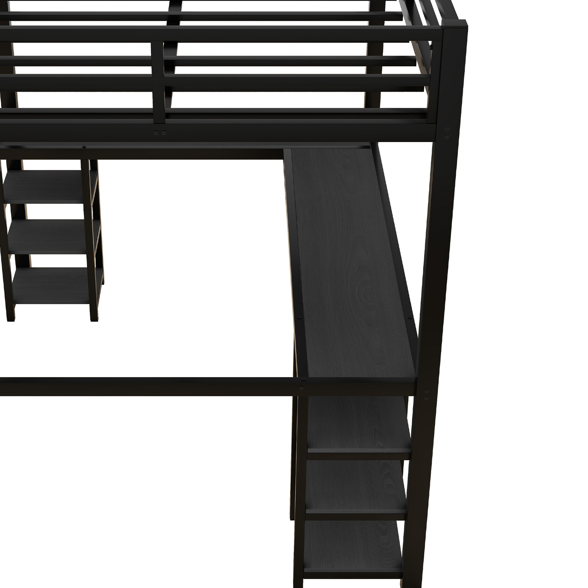 Black metal loft bed with integrated desk and shelves