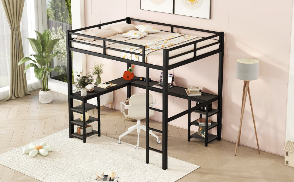 Black metal loft bed with Lshaped desk and shelves