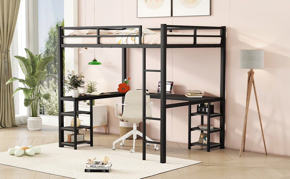 Black metal loft bed with integrated desk and storage shelves