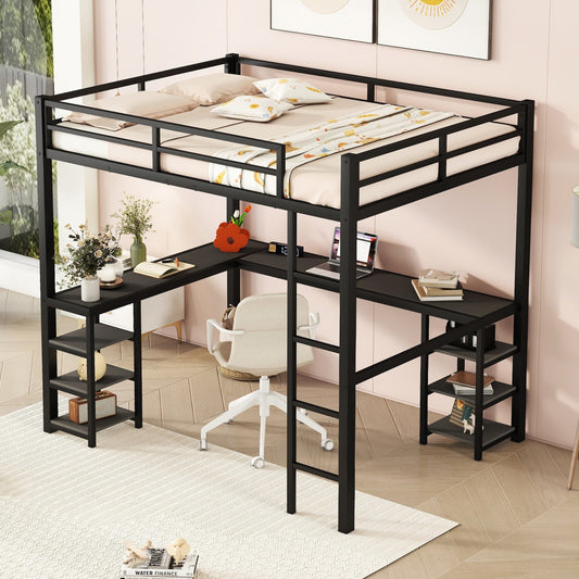 Black metal loft bed with Lshaped desk and shelves
