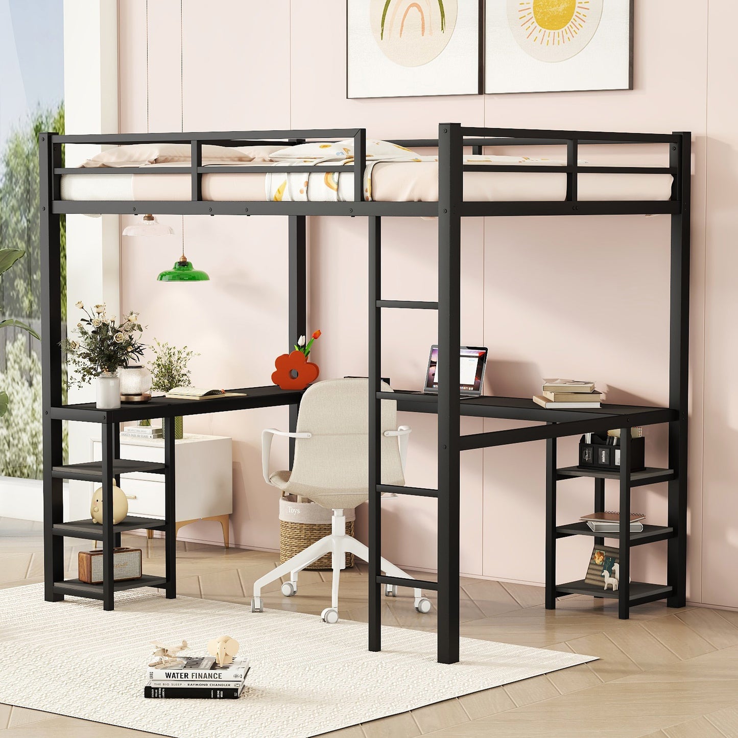 Black metal loft bed with integrated desks and shelving