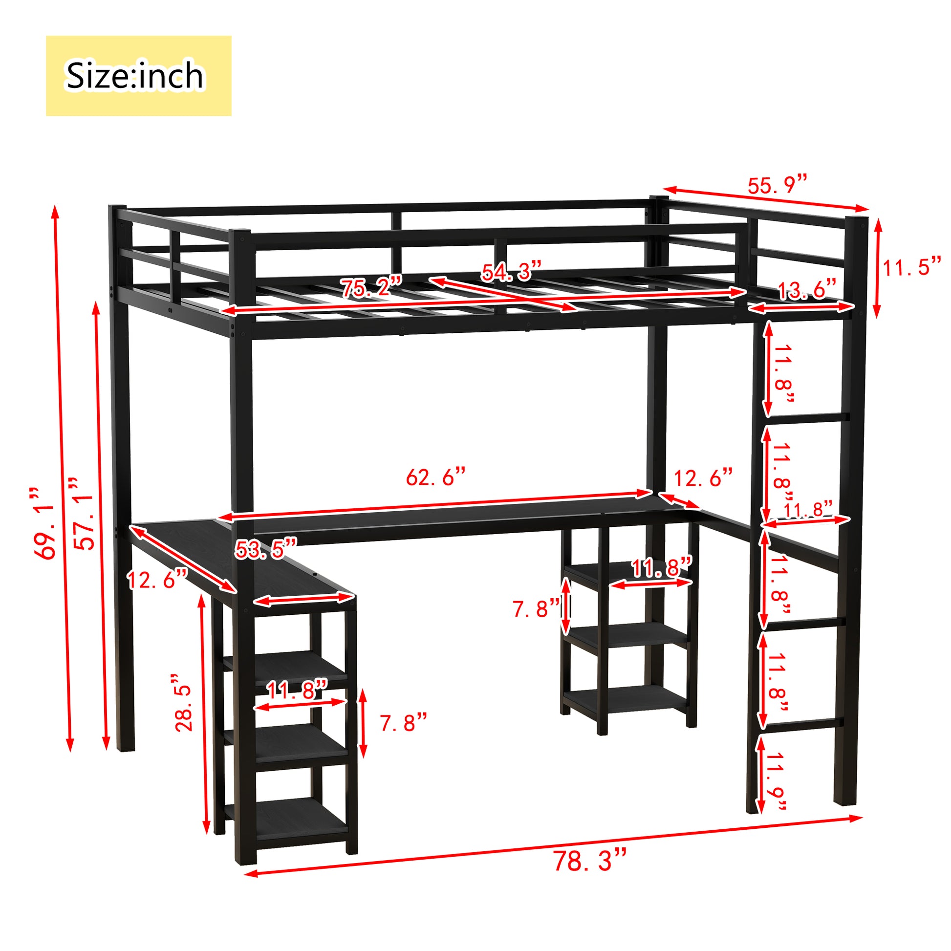 Black metal loft bed with integrated desk and shelving unit