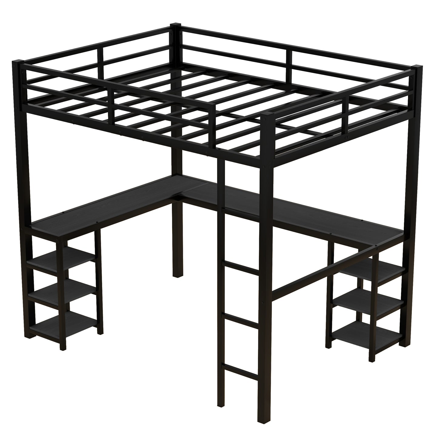 Black metal loft bed with desk and shelves