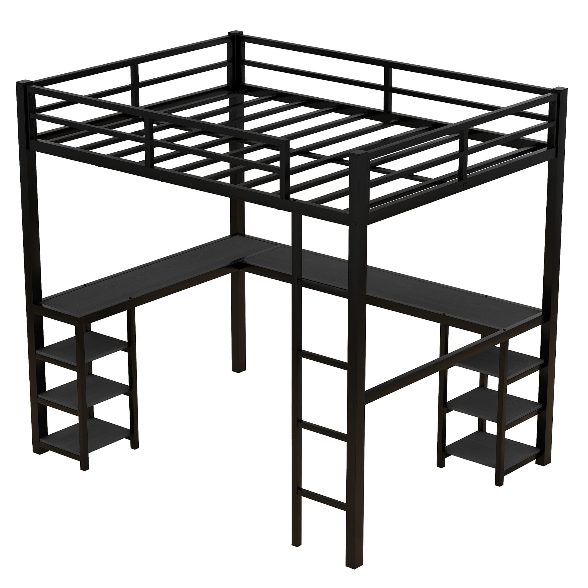Black metal loft bed with desk and shelves