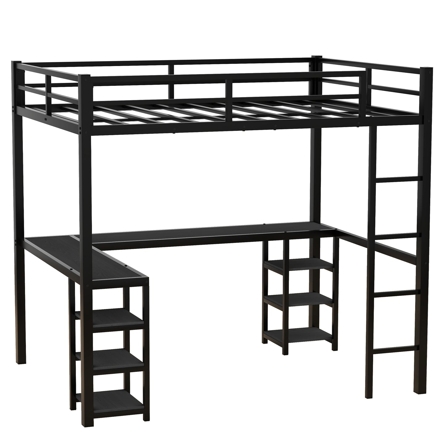 Black metal loft bed with integrated desk and shelving