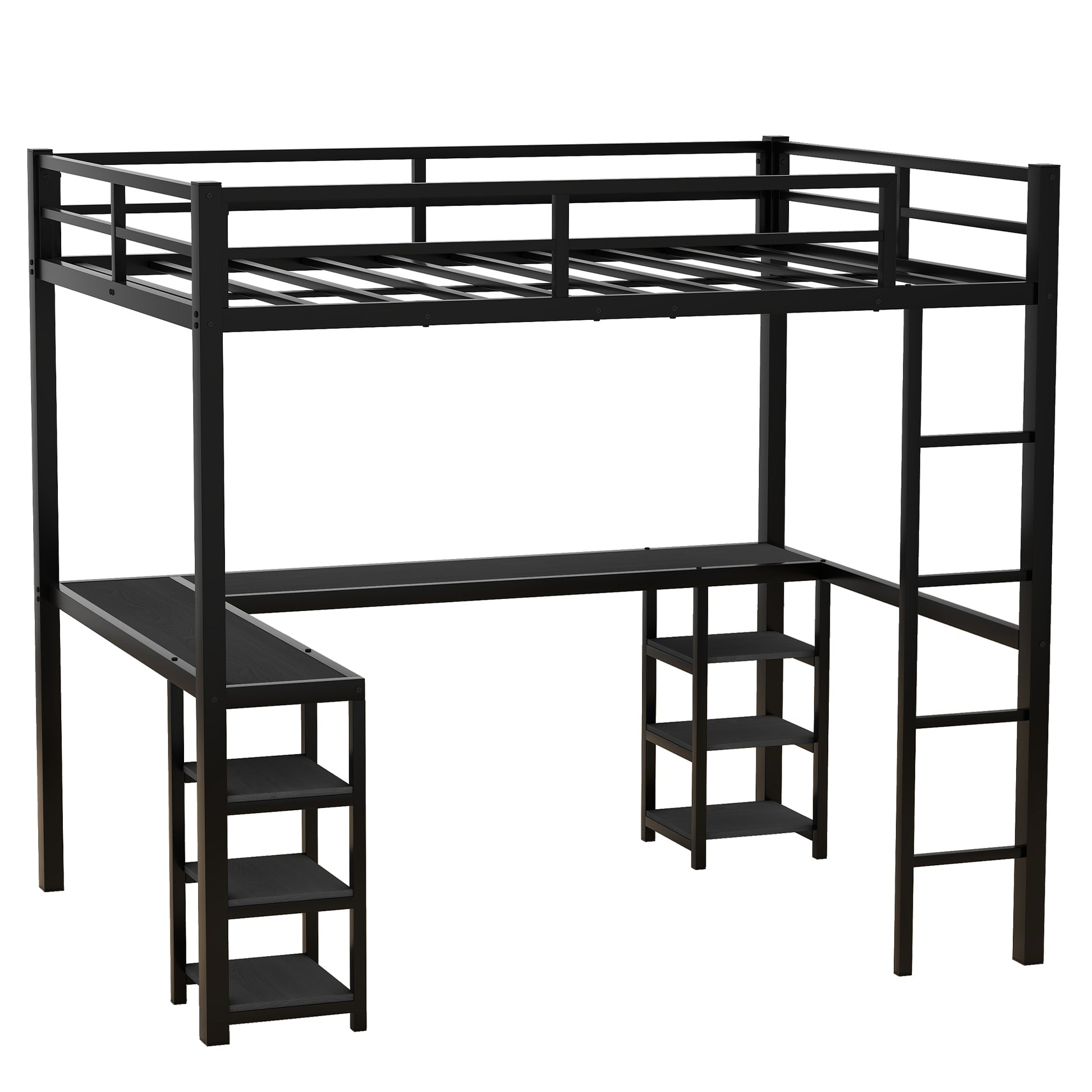 Black metal loft bed with integrated desk and shelving